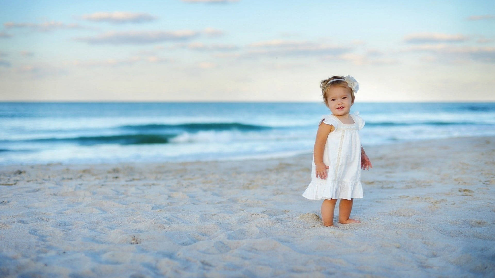baby beach girl, white dress, sandy beach, Full HD Desktop Wallpaper