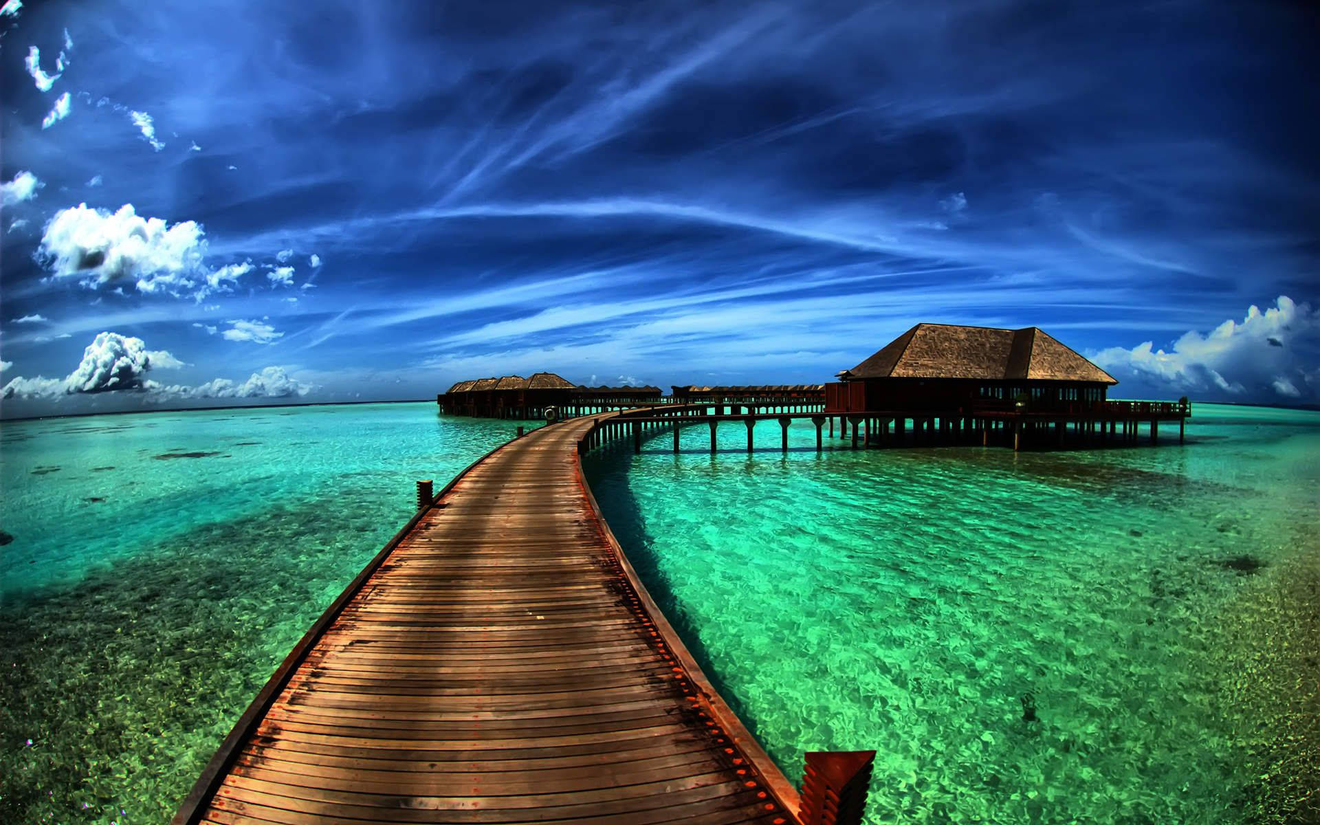 wooden pier, crystal clear turquoise water, overwater bungalows, Full HD Desktop Wallpaper