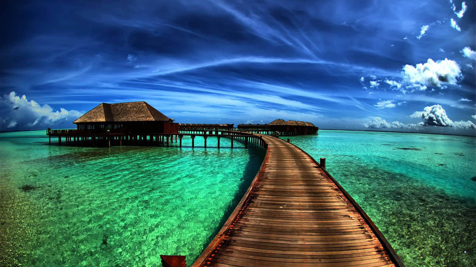 boardwalk, wooden pier, overwater bungalows, Full HD Desktop Wallpaper