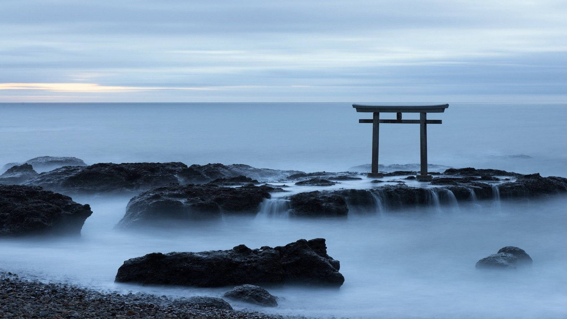 torii gate, dark volcanic rocks, misty ocean water, Full HD Desktop Wallpaper