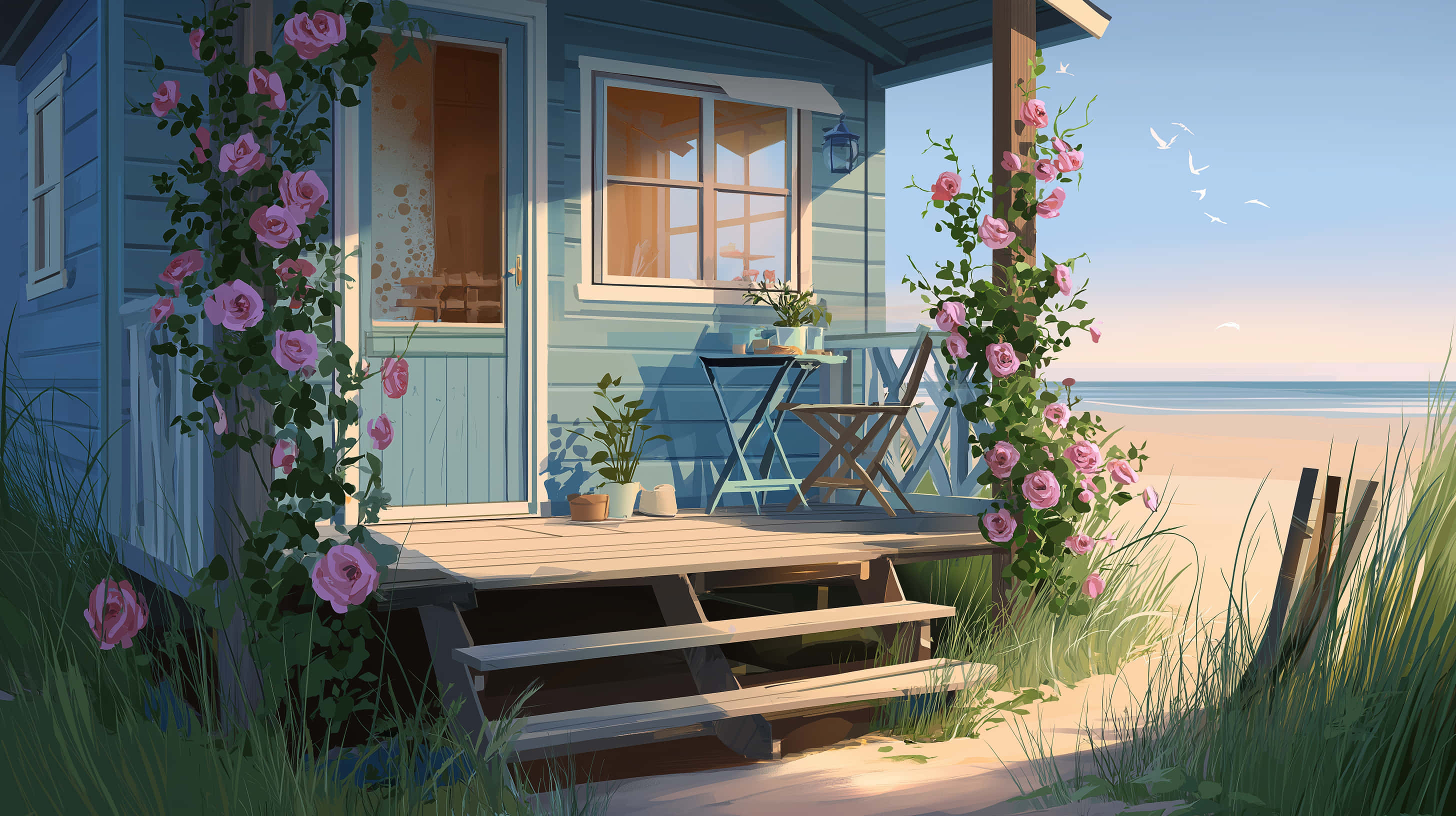 blue beach cottage, pink roses, calm ocean, 2K Desktop Wallpaper