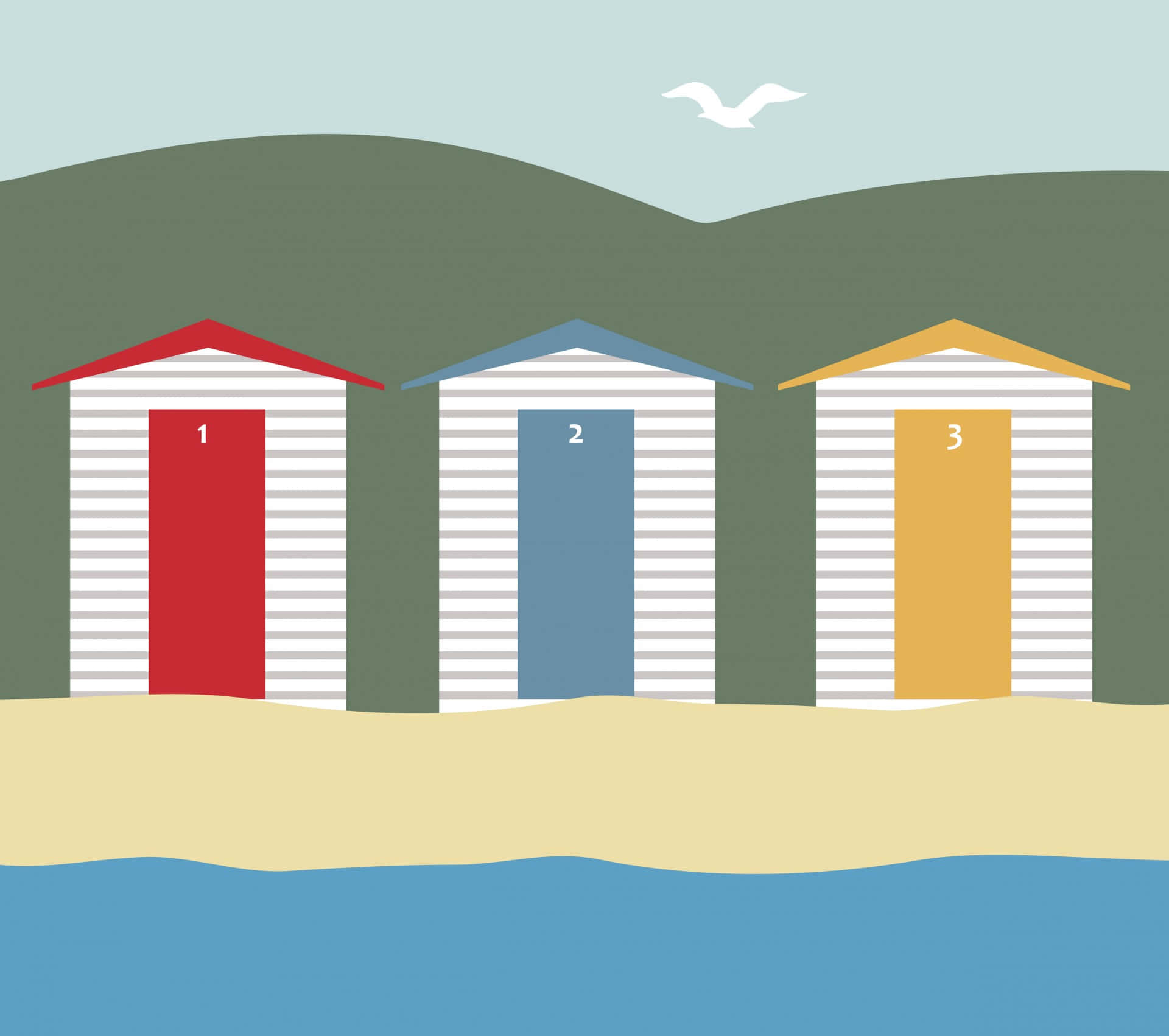 beach huts, red blue and yellow doors, sandy shore, Full HD Desktop Wallpaper