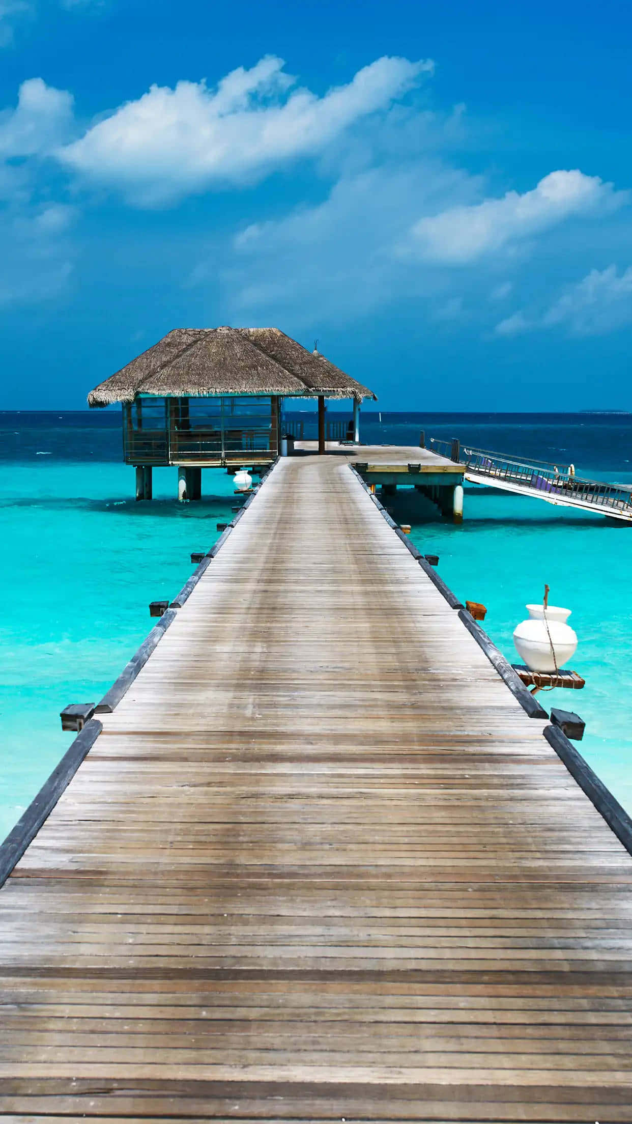 wooden pier, thatched overwater bungalow, bright blue sky, Full HD Phone Wallpaper