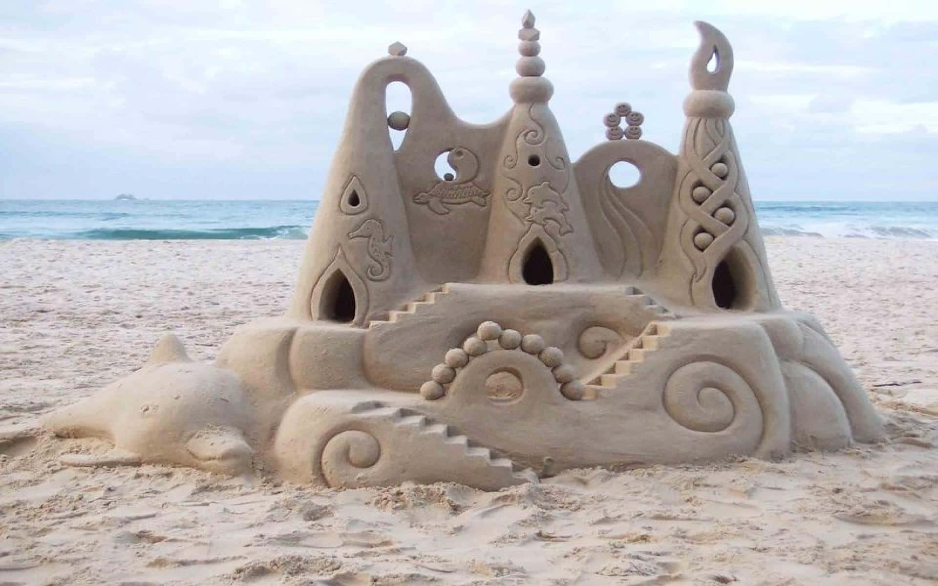 sandcastle, beach, ocean waves, Full HD Desktop Wallpaper