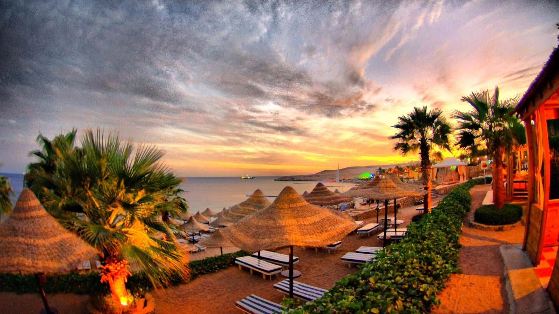 tropical beach resort, sunset, palm trees, Full HD Desktop Wallpaper
