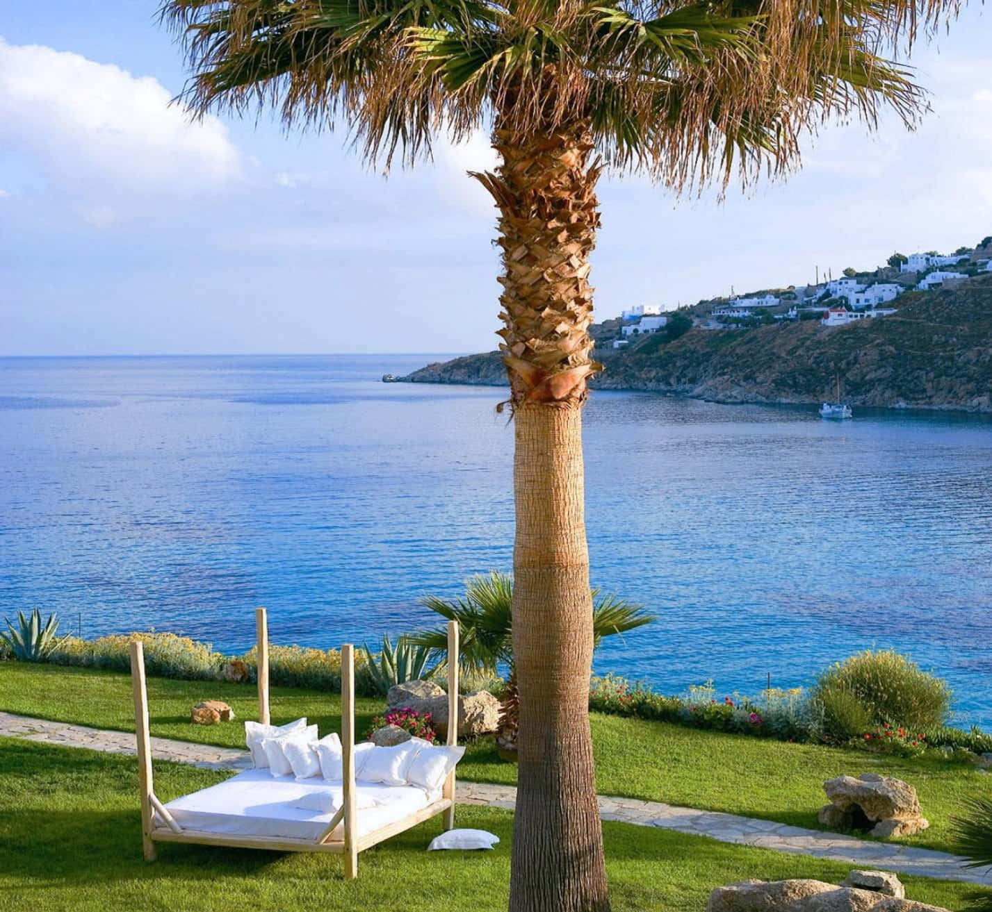 beach daybed, white daybed, tall palm tree, HD Desktop Wallpaper
