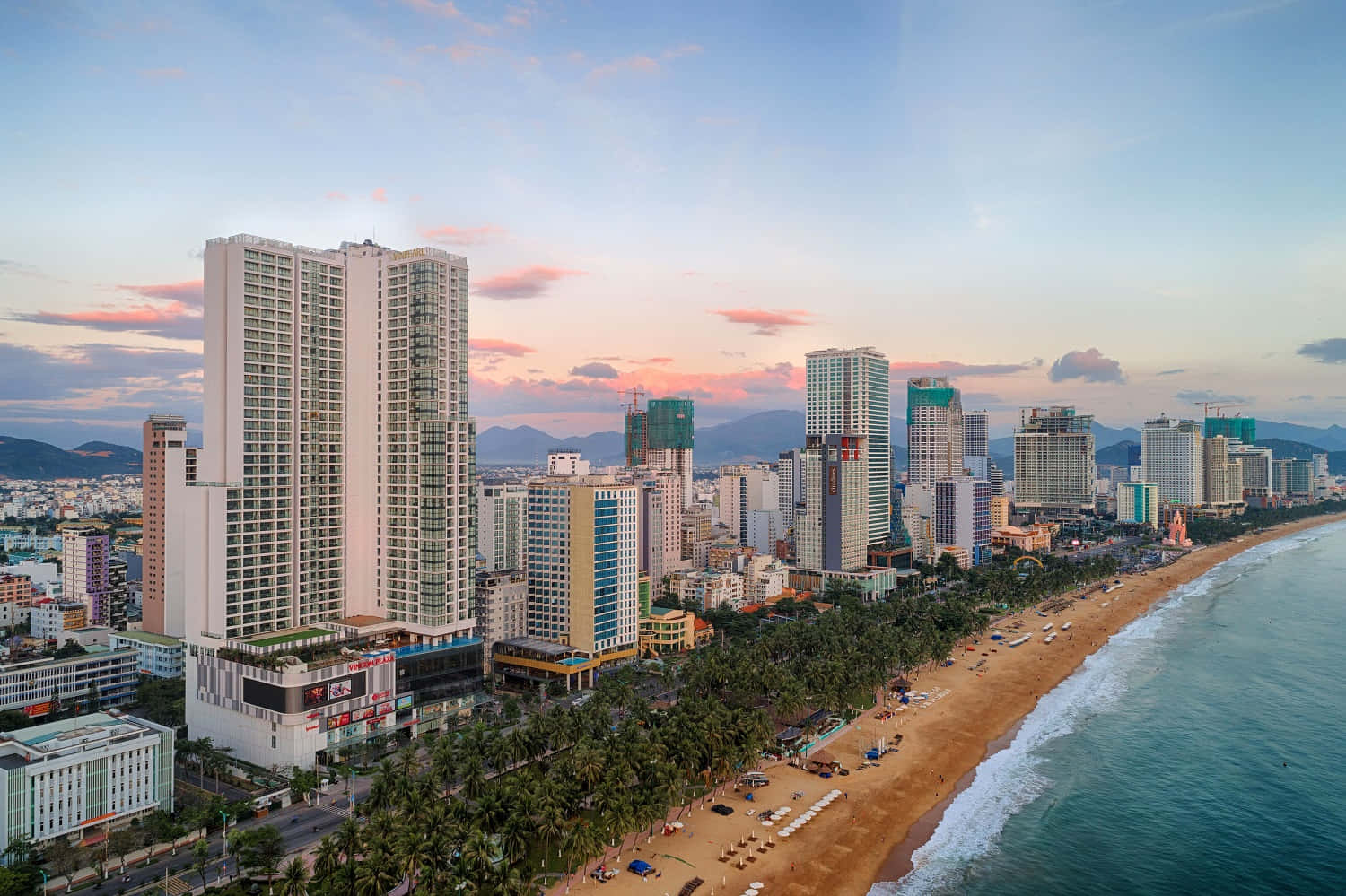 sunset, white sand beach, coastal cityscape, HD Desktop Wallpaper