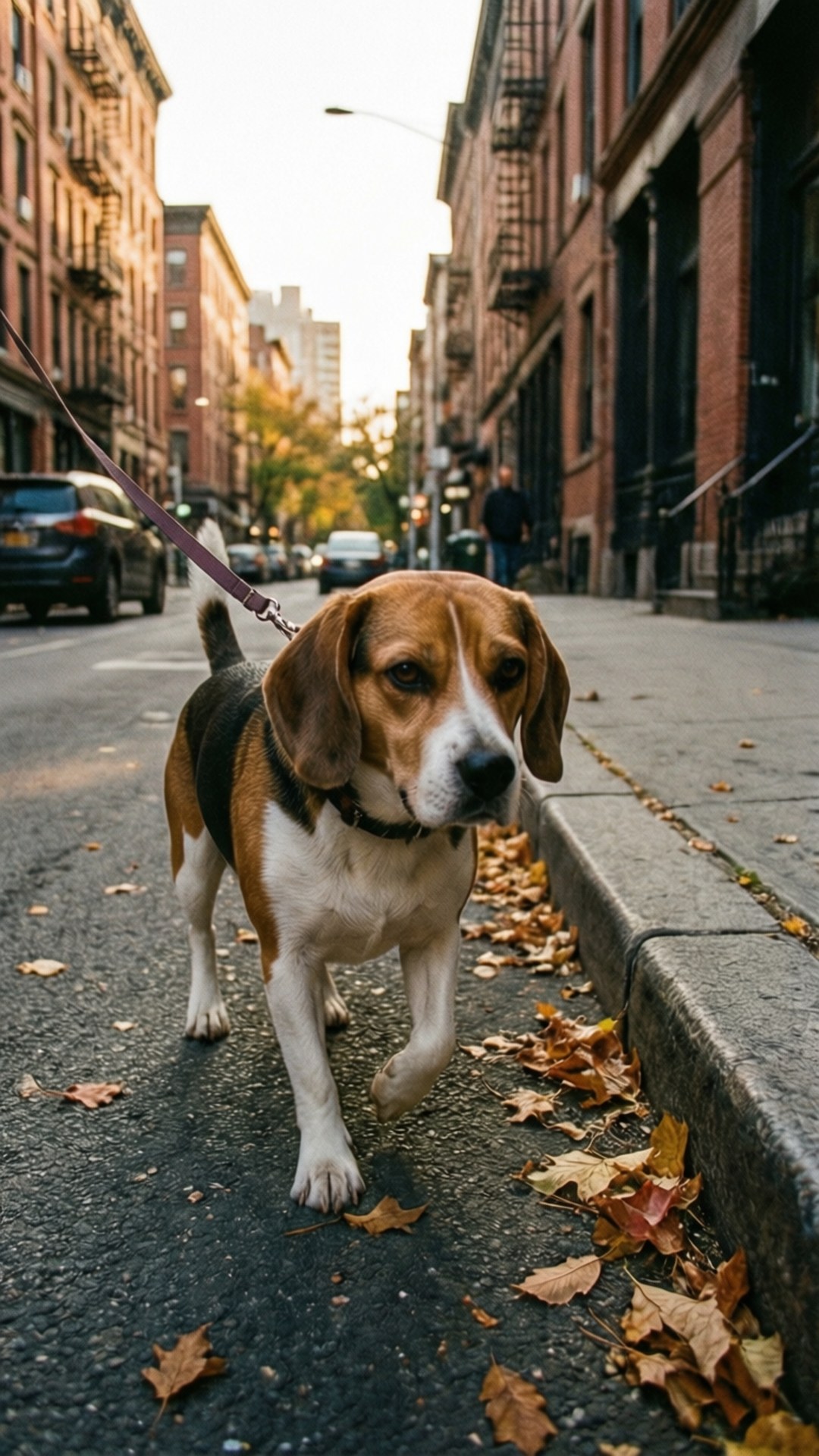 Beagle, city street, brick buildings, Full HD Phone Wallpaper