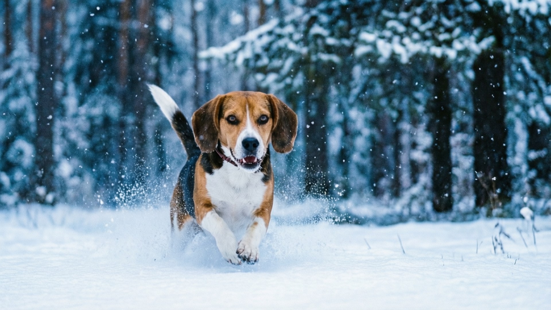 Beagle, snowy forest, deep snow, Full HD Desktop Wallpaper