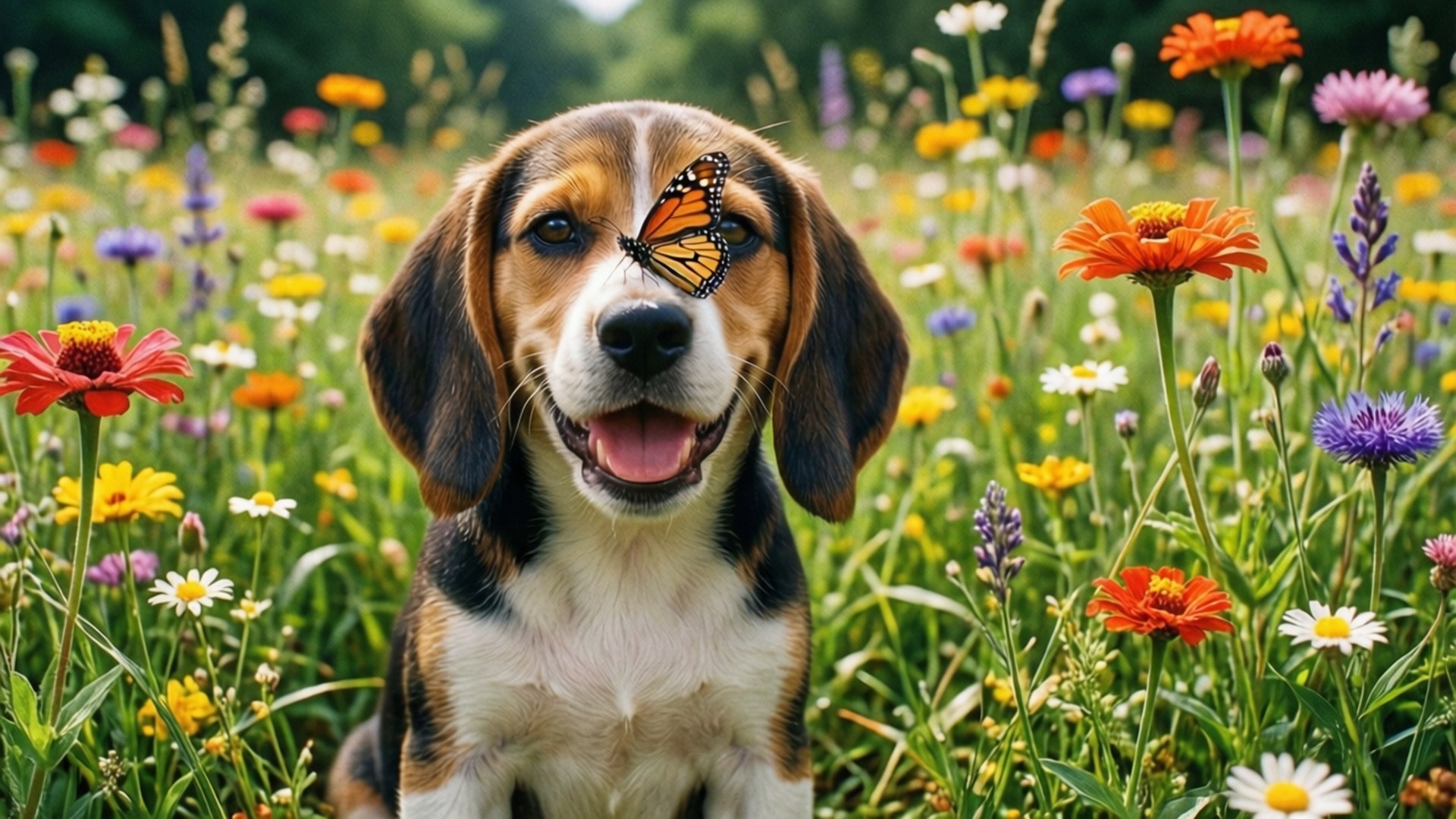 beagle puppy, monarch butterfly, meadow, Full HD Desktop Wallpaper