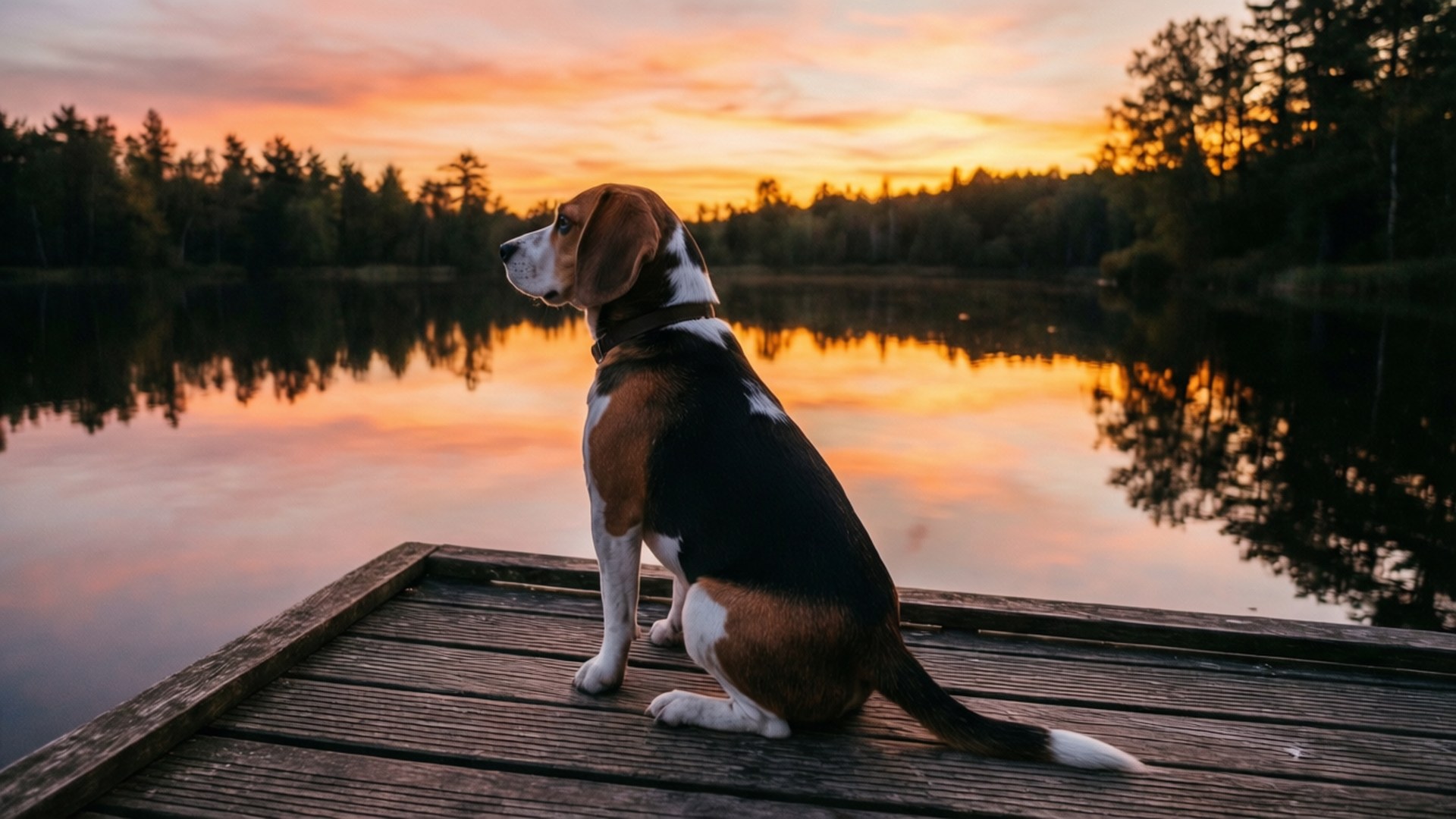 Beagle, sunset dock, fiery orange and pink sunset, Full HD Desktop Wallpaper