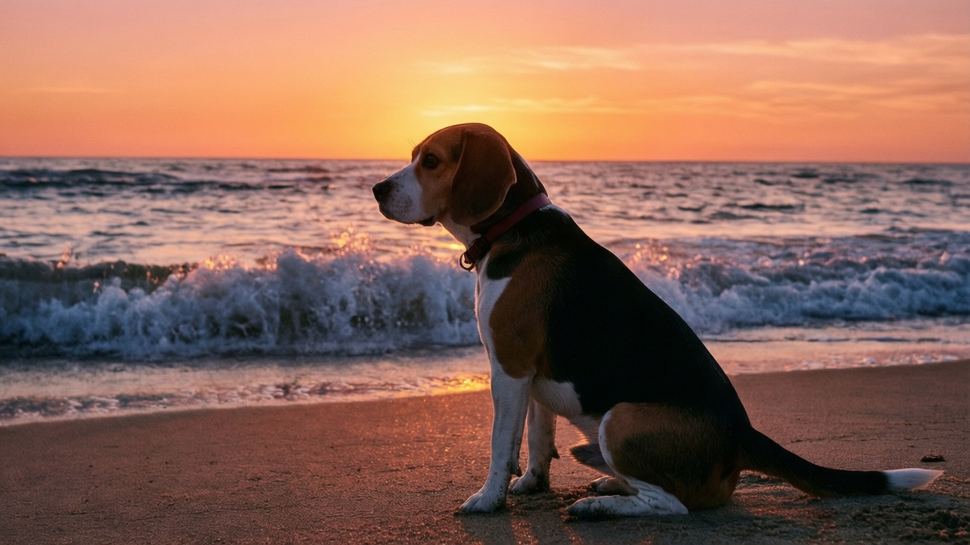 Beagle, beach, sunset, Full HD Desktop Wallpaper