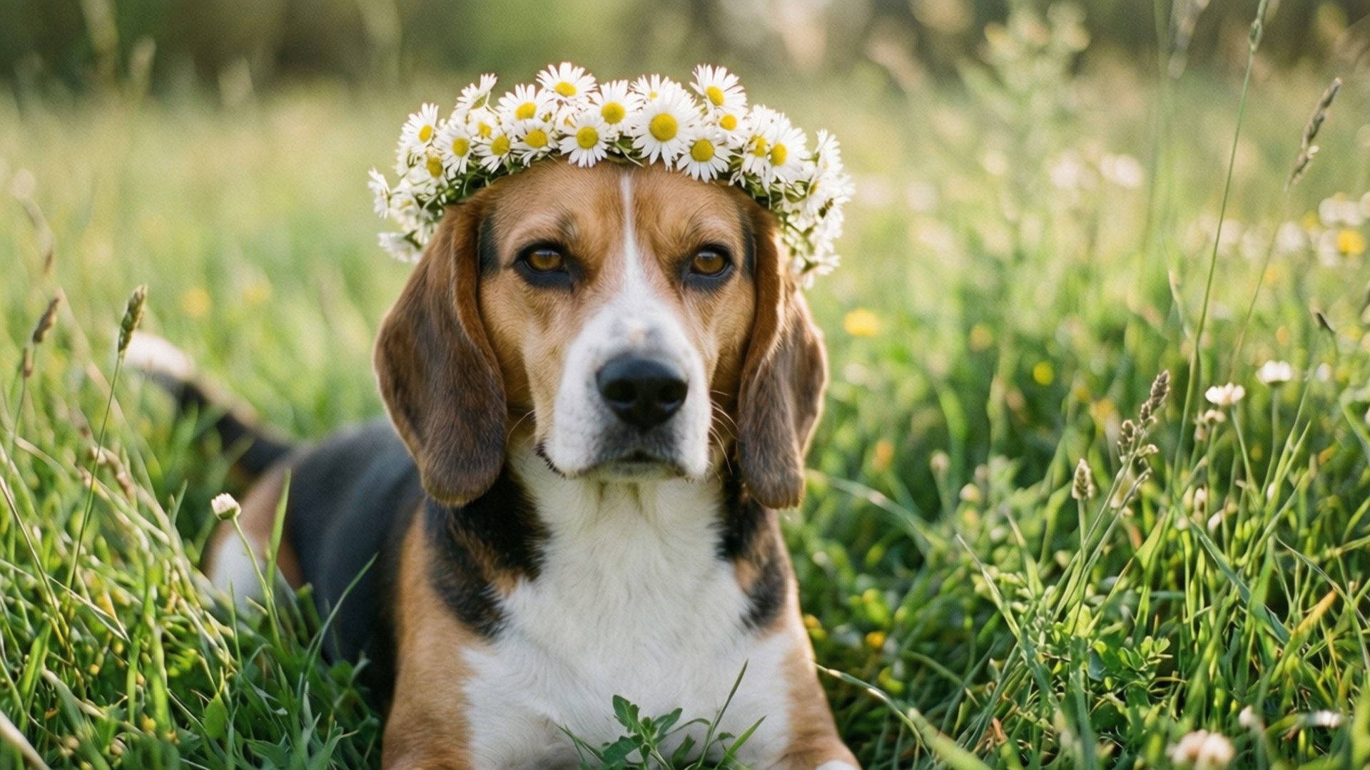 Beagle, daisy crown, sunlit green grass, Full HD Desktop Wallpaper