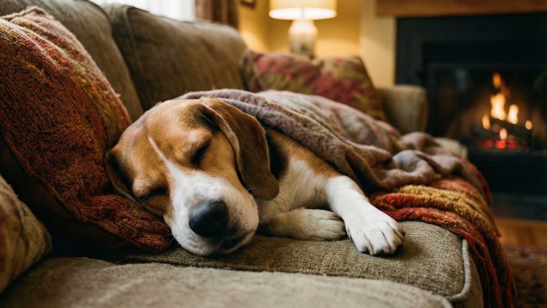 beagle, cozy couch, warm blanket, Full HD Desktop Wallpaper