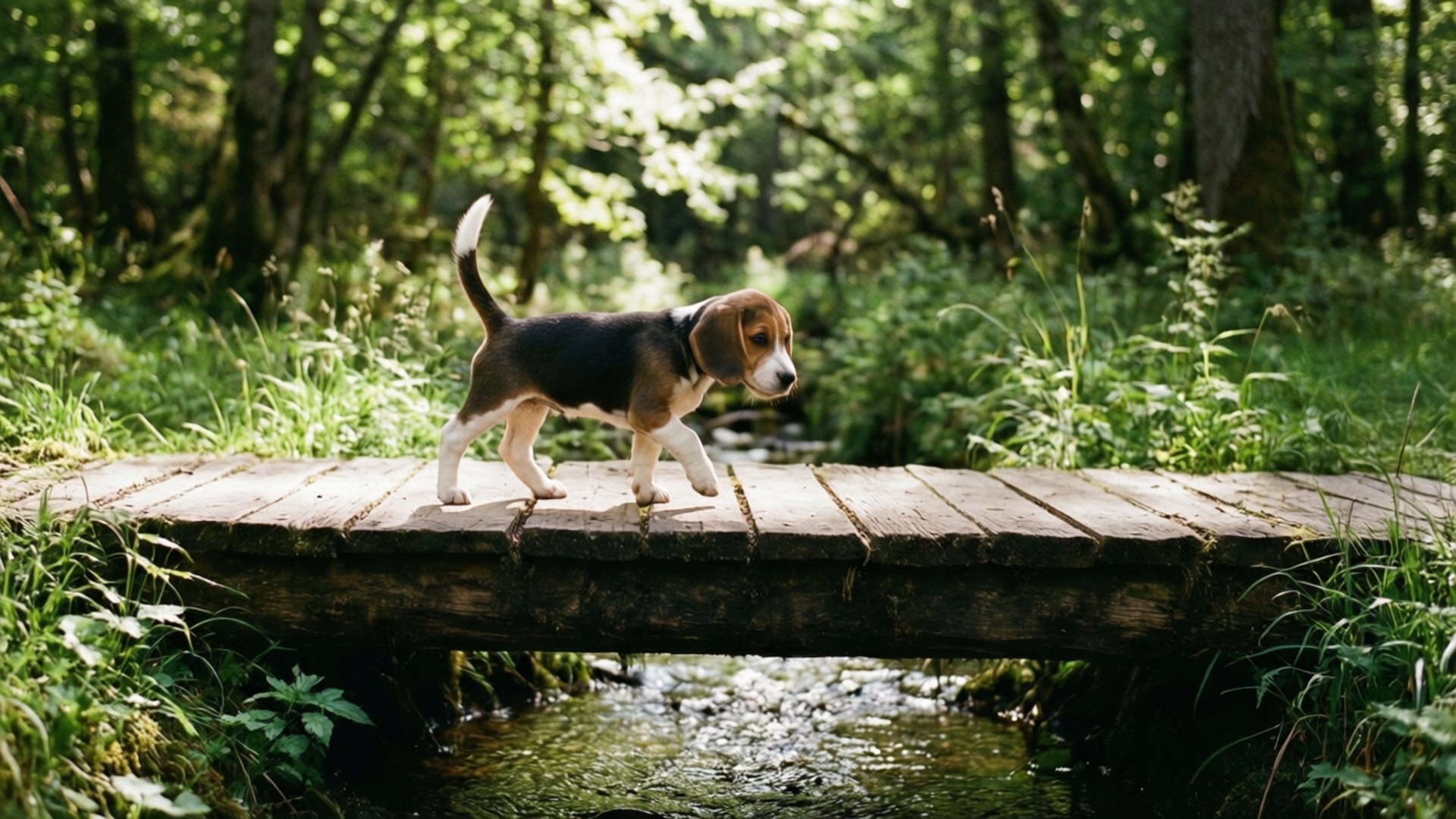 Beagle, bridge, sunlit stream, Full HD Desktop Wallpaper