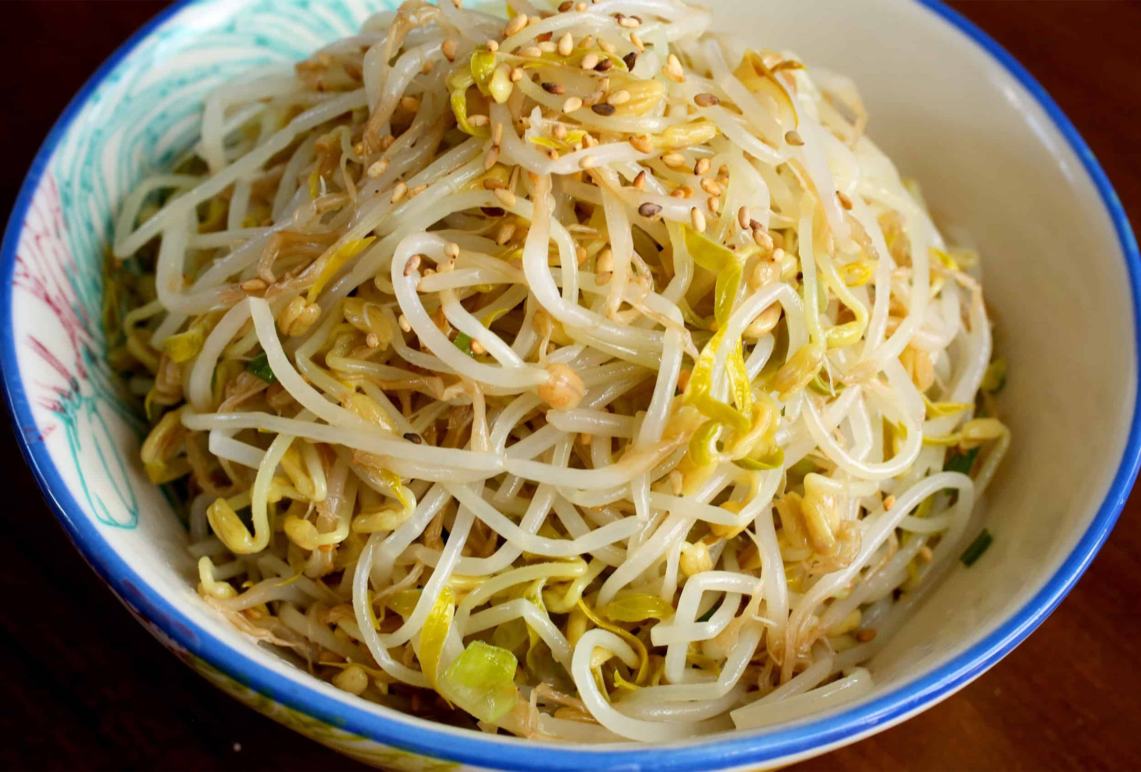 mung bean sprouts, sesame seeds, patterned ceramic bowl, Full HD Desktop Wallpaper