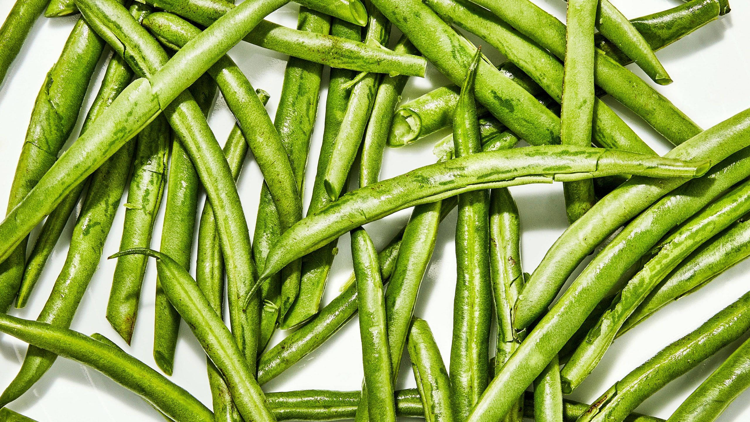 digital edit green beans, fresh green beans, bright white surface, 2K Desktop Wallpaper