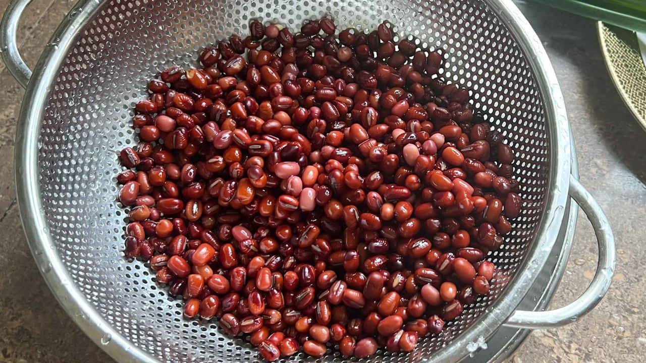 red adzuki beans, glossy red adzuki beans, metal colander, HD Desktop Wallpaper