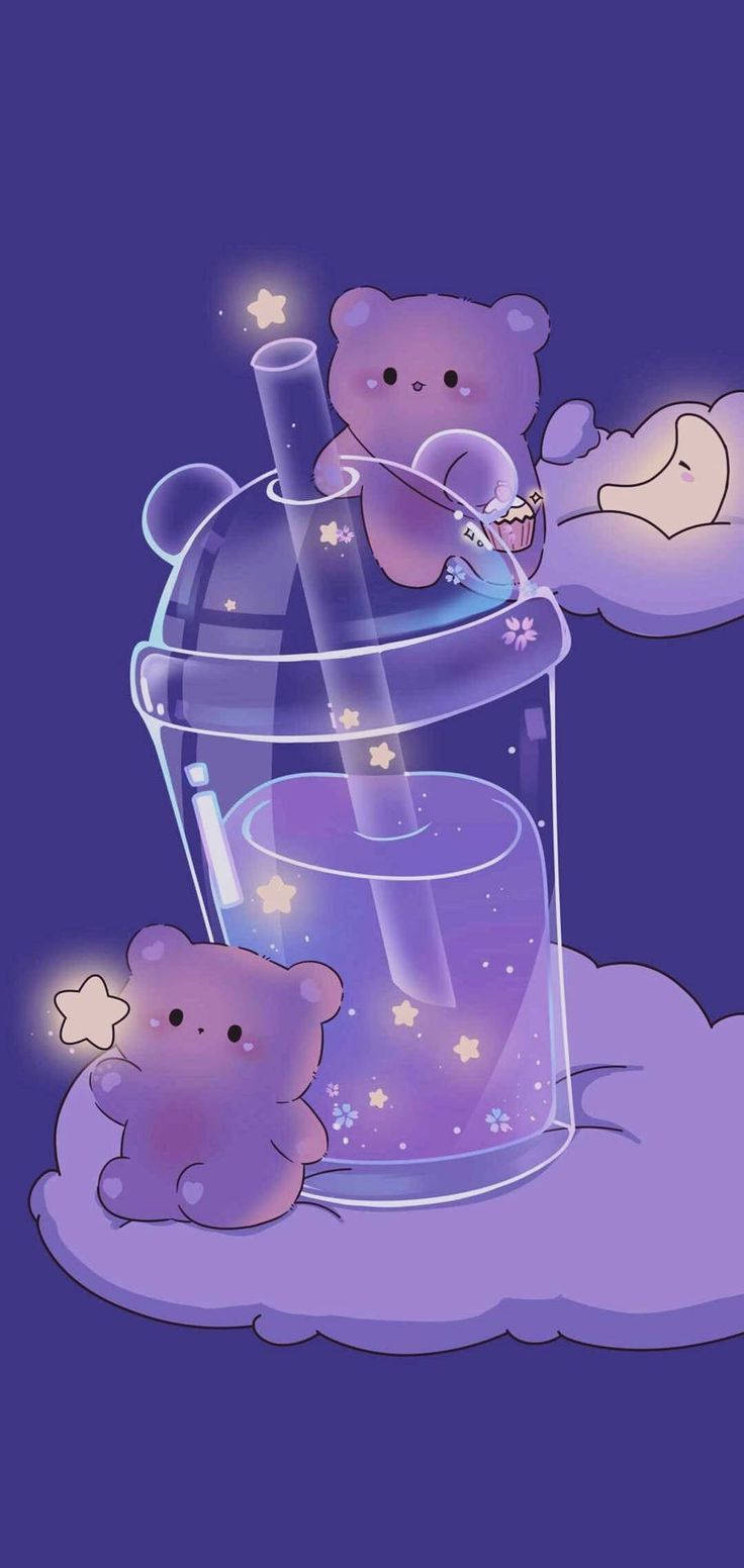 cute purple iPhone screen, purple bears, glowing stars, HD Phone Wallpaper