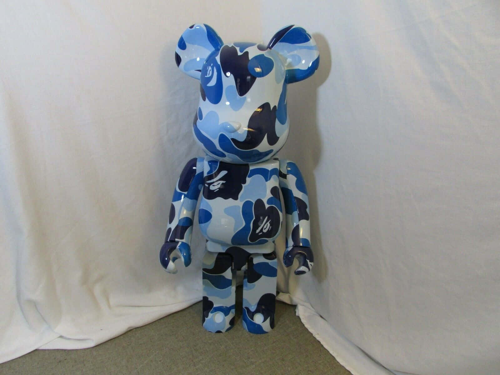 Bearbrick, glossy blue and white camouflage patterned, draped white backdrop, HD Desktop Wallpaper