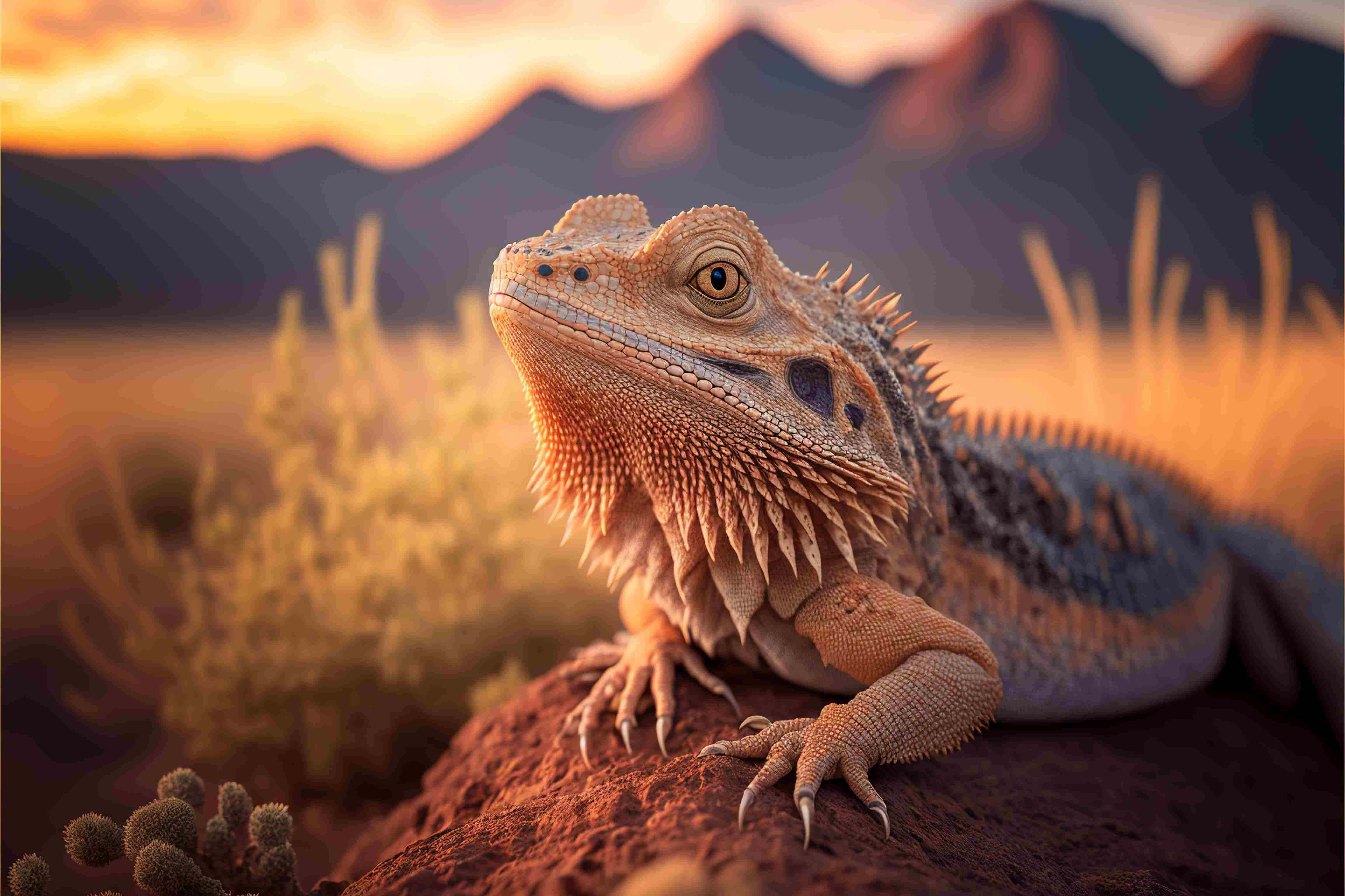 bearded dragon, sunset, desert landscape, 4K Desktop Wallpaper