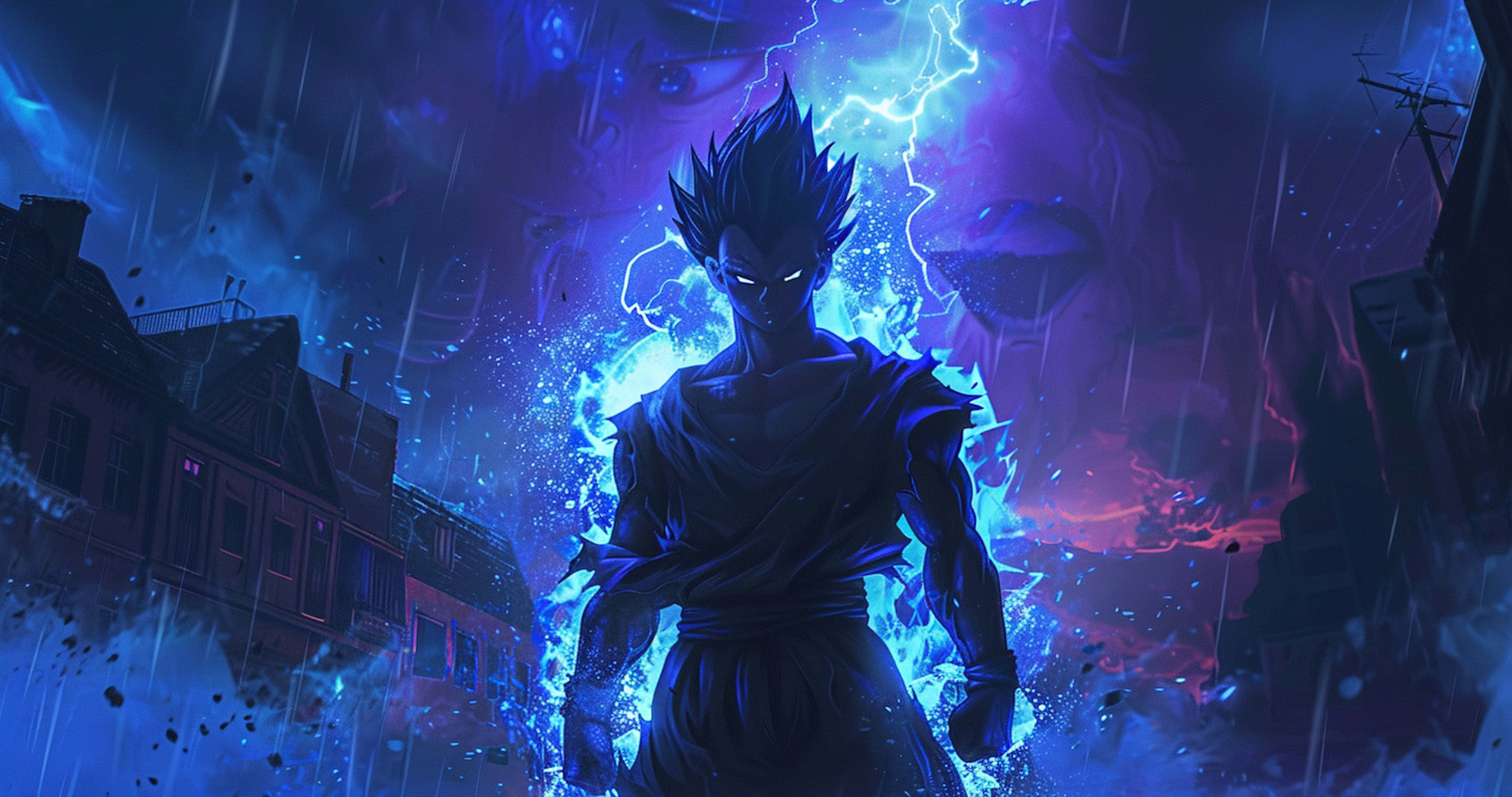 Beast Gohan, blue lightning, stormy urban backdrop, 4K Desktop Wallpaper