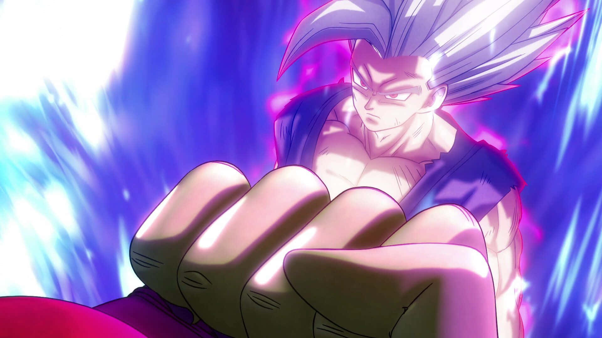 Beast Gohan, spiky purple hair, glowing blue and purple energy background, Full HD Desktop Wallpaper