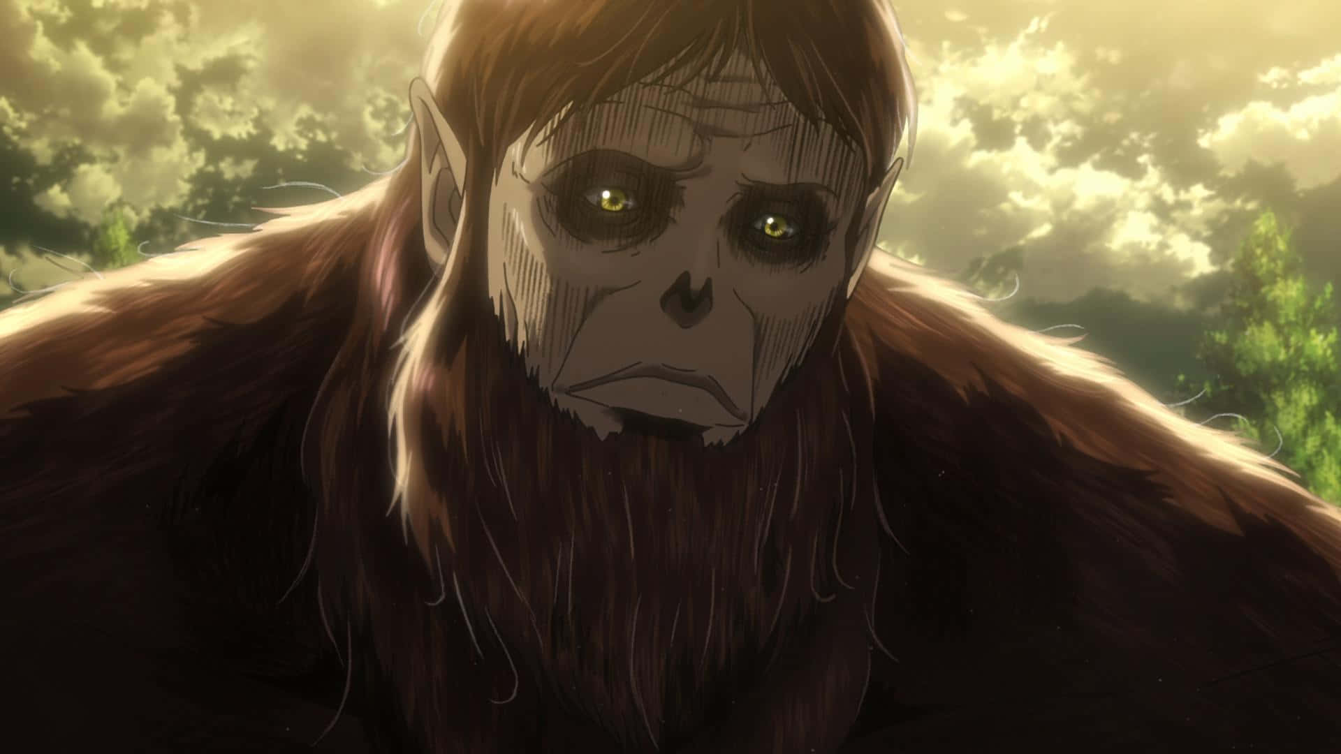 Beast Titan, shaggy brown hair, glowing yellow eyes, Full HD Desktop Wallpaper