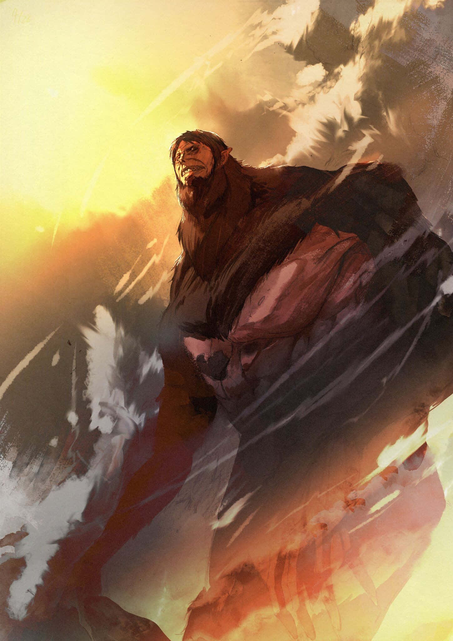 Beast Titan, ape-like warrior, fiery sunset sky, Full HD Phone Wallpaper