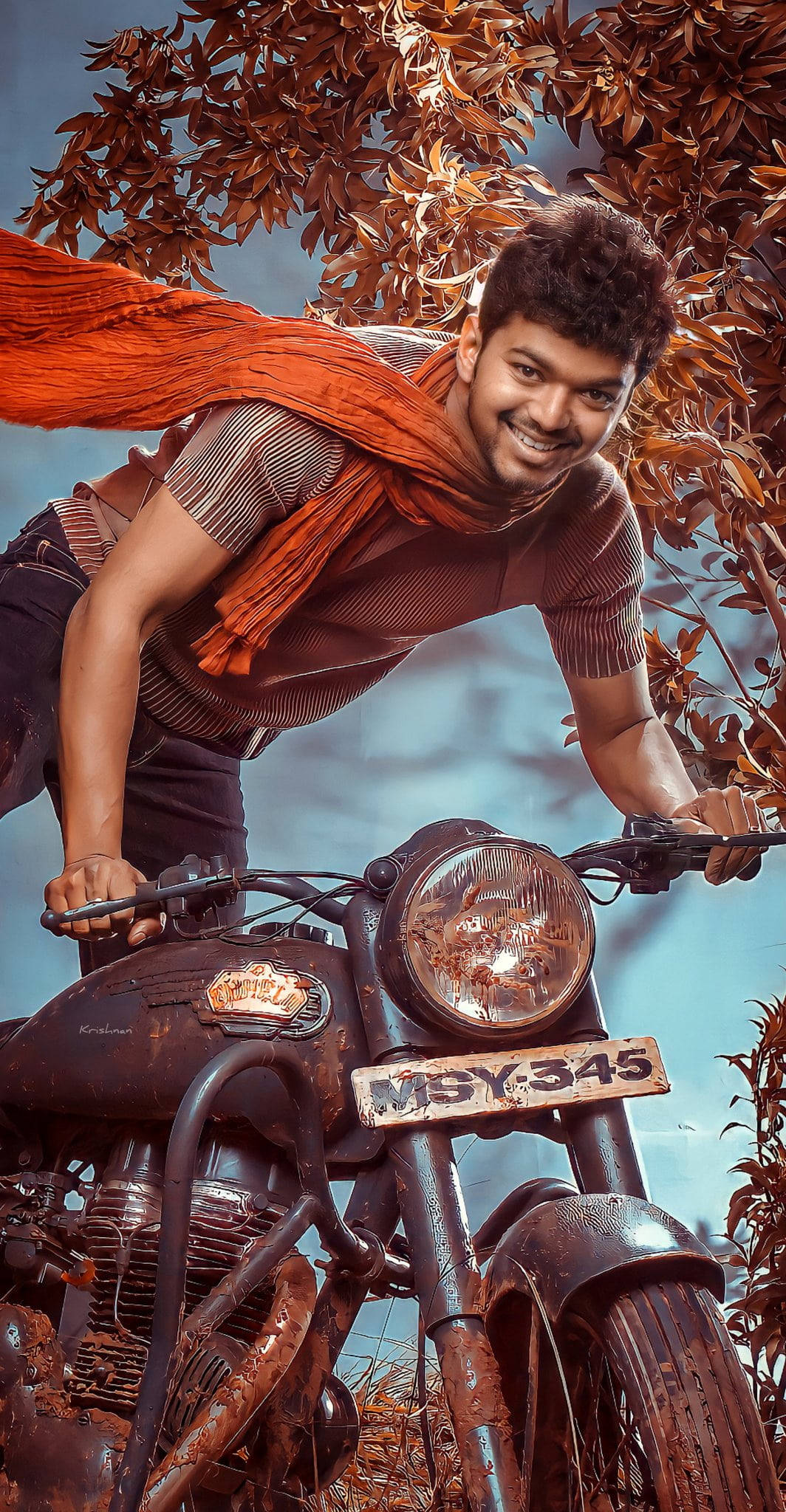 Beast Vijay, orange scarf, rusty vintage motorcycle, Full HD Phone Wallpaper
