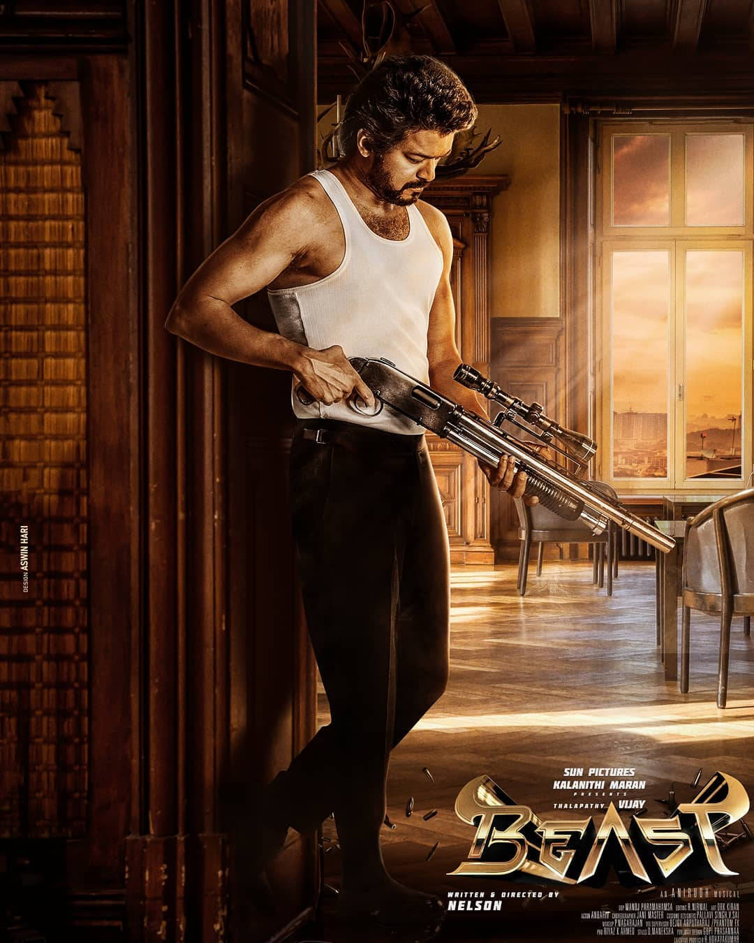 Beast Vijay, white tank top, wooden doorway, HD Phone Wallpaper
