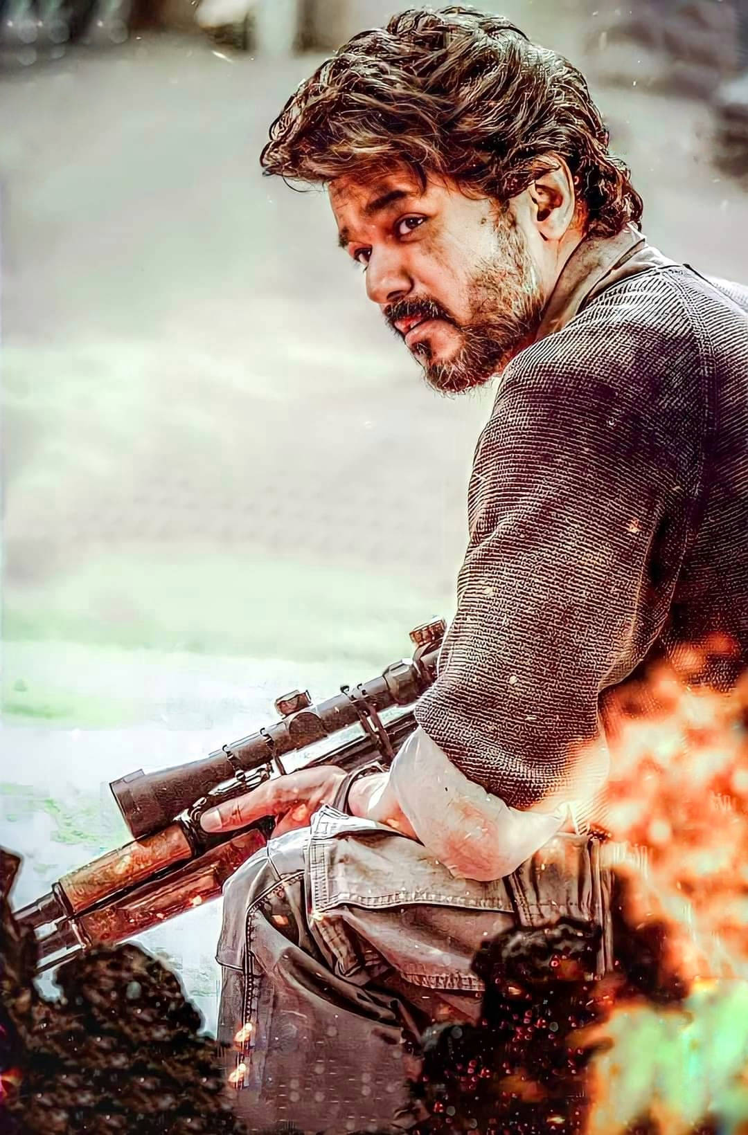 Beast Vijay, sniper rifle, fiery explosions, HD Phone Wallpaper