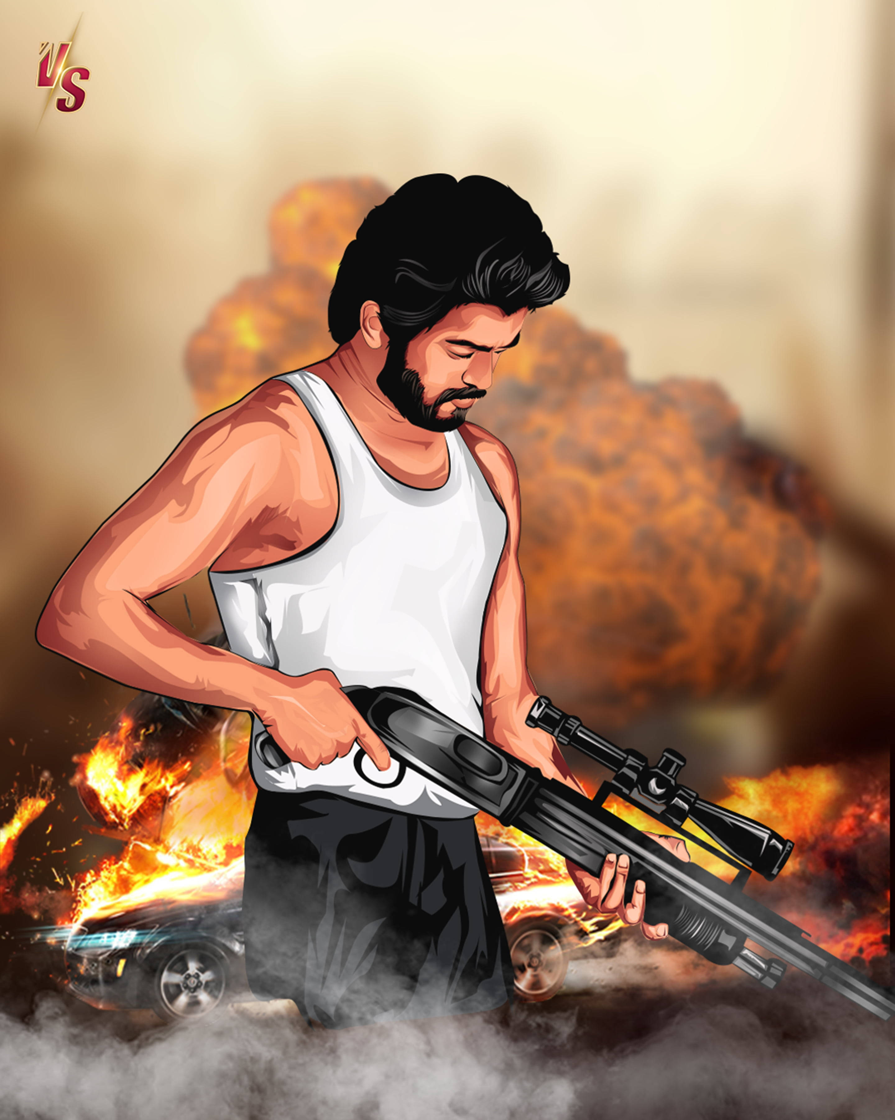 Beast Vijay, white tank top, sniper rifle, 2K Phone Wallpaper
