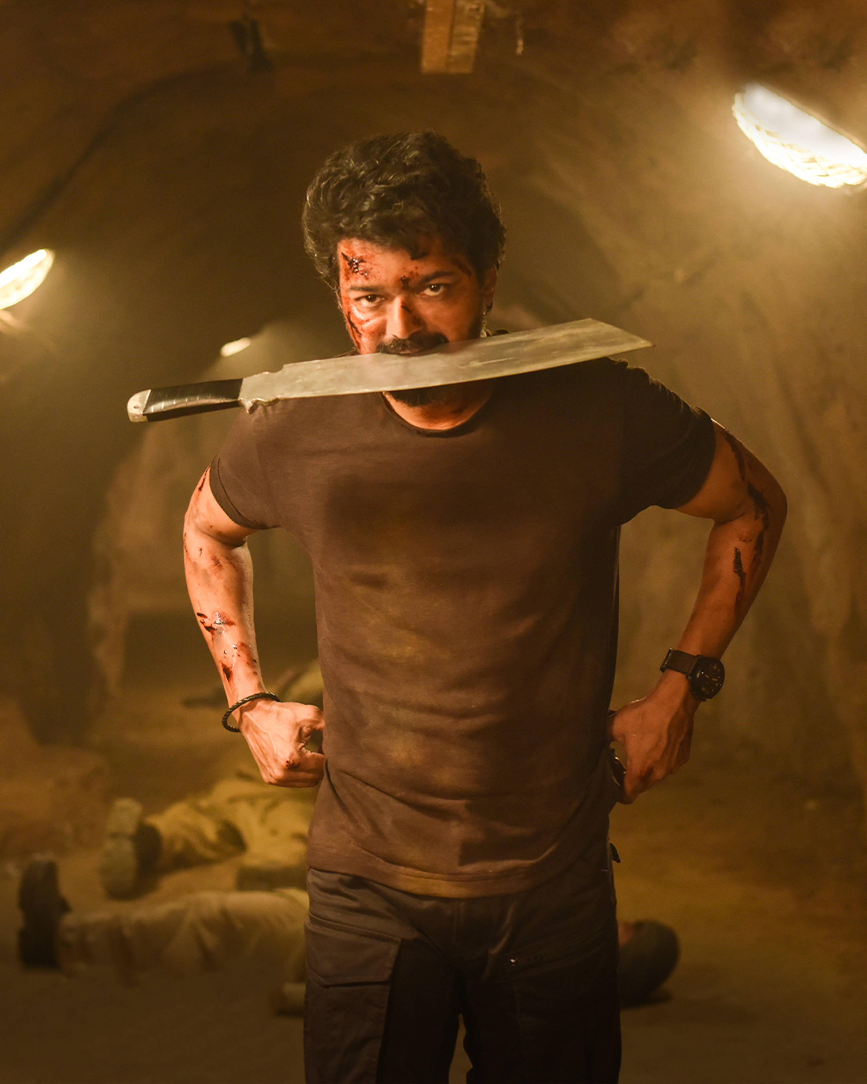 Beast Vijay, machete, dimly lit tunnel, 2K Phone Wallpaper