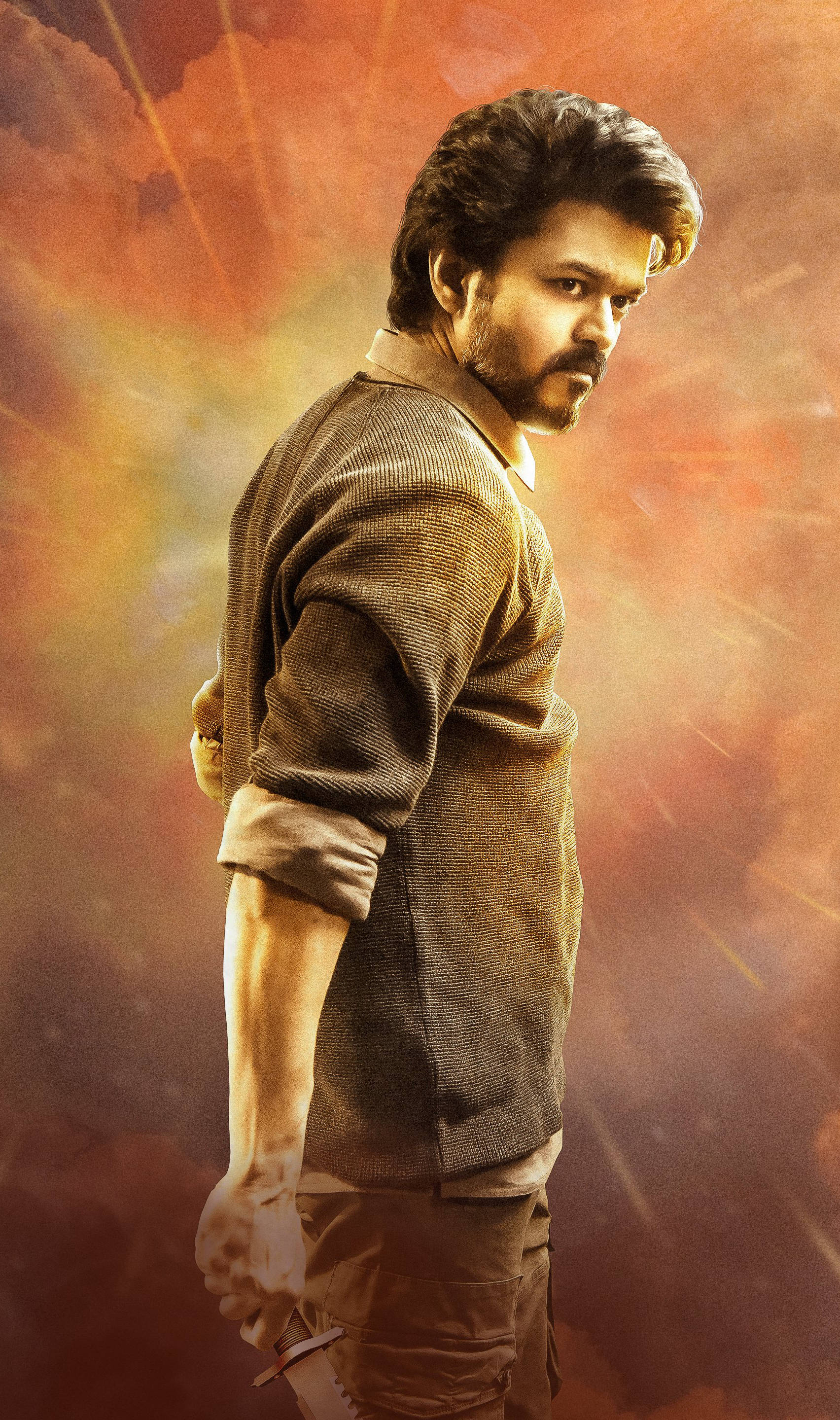Beast Vijay, fiery orange, red glowing background, 2K Phone Wallpaper
