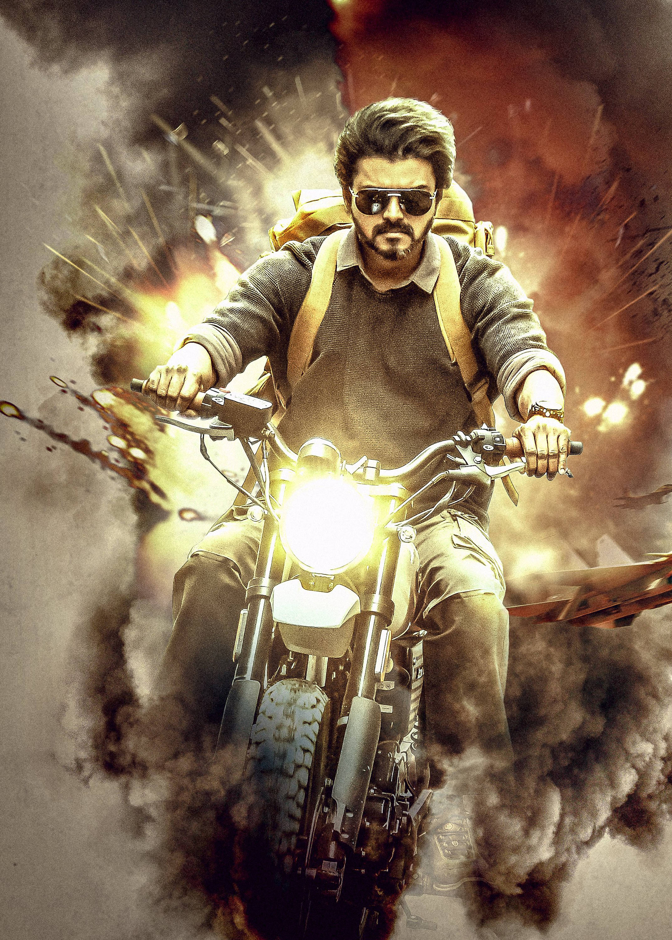 Beast Vijay, motorcycle, explosion, 2K Phone Wallpaper