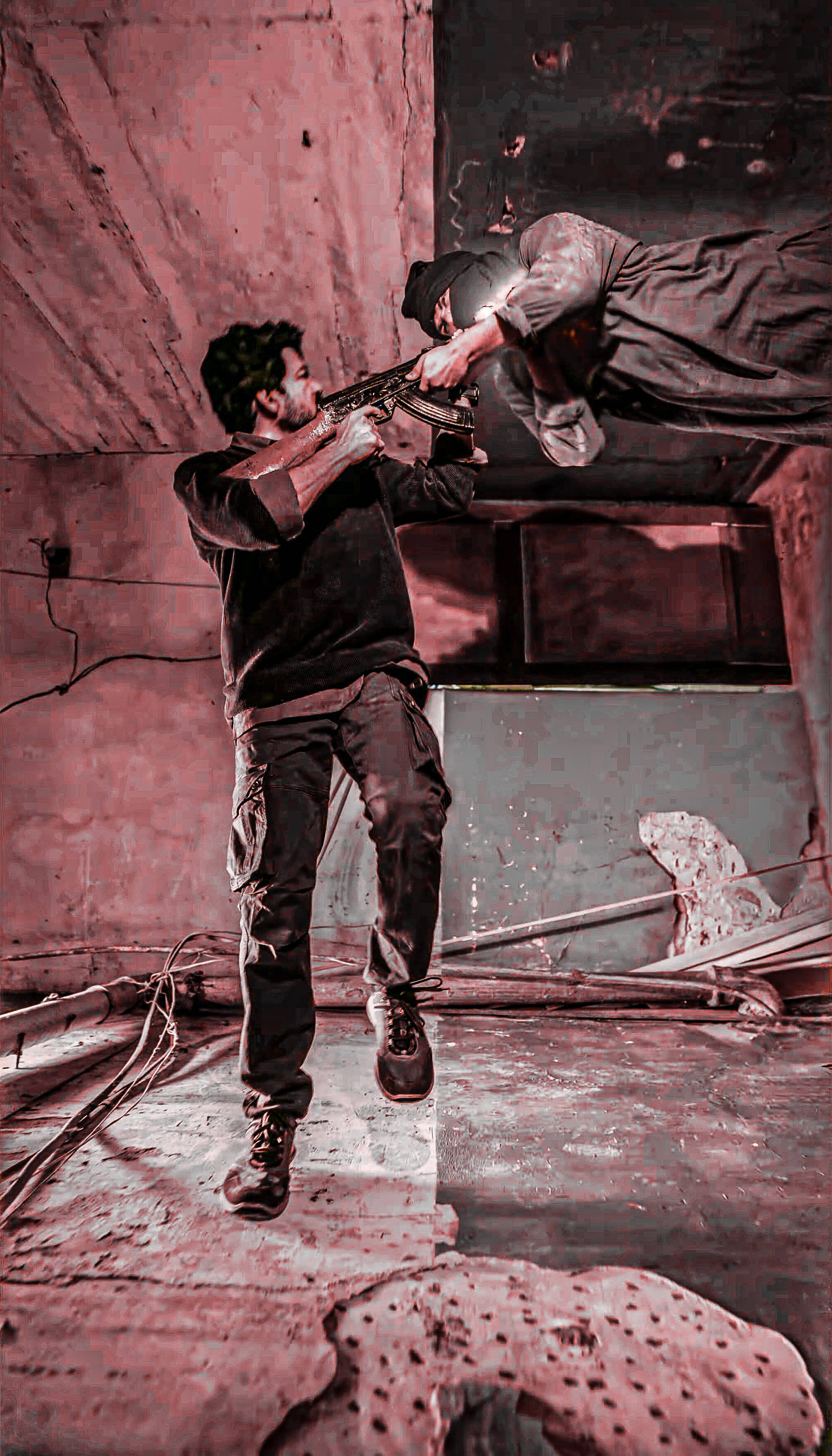 Beast Vijay, gritty urban ruin, rifle, 2K Phone Wallpaper