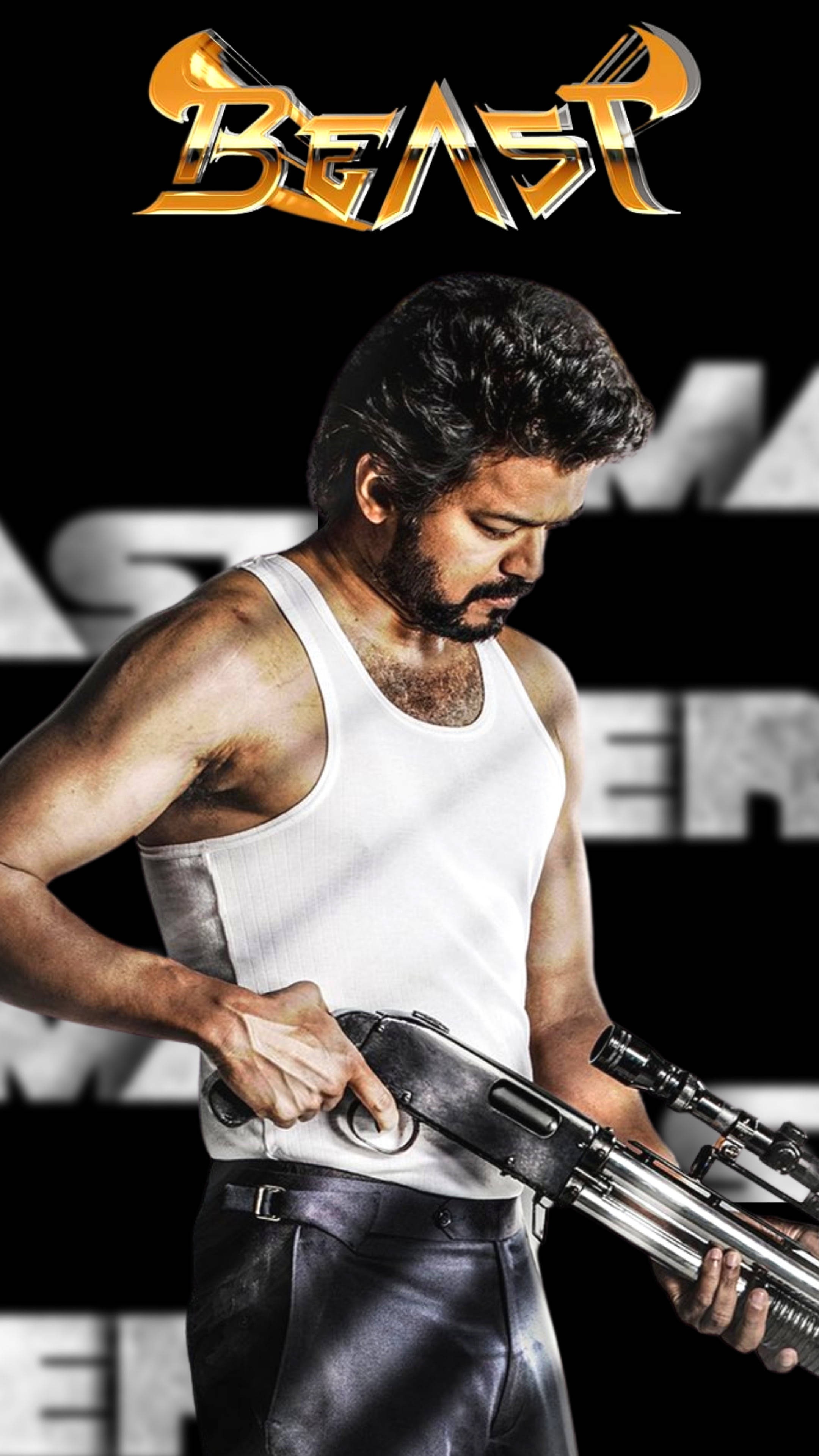 Beast Vijay, white tank top, large firearm, 4K Phone Wallpaper