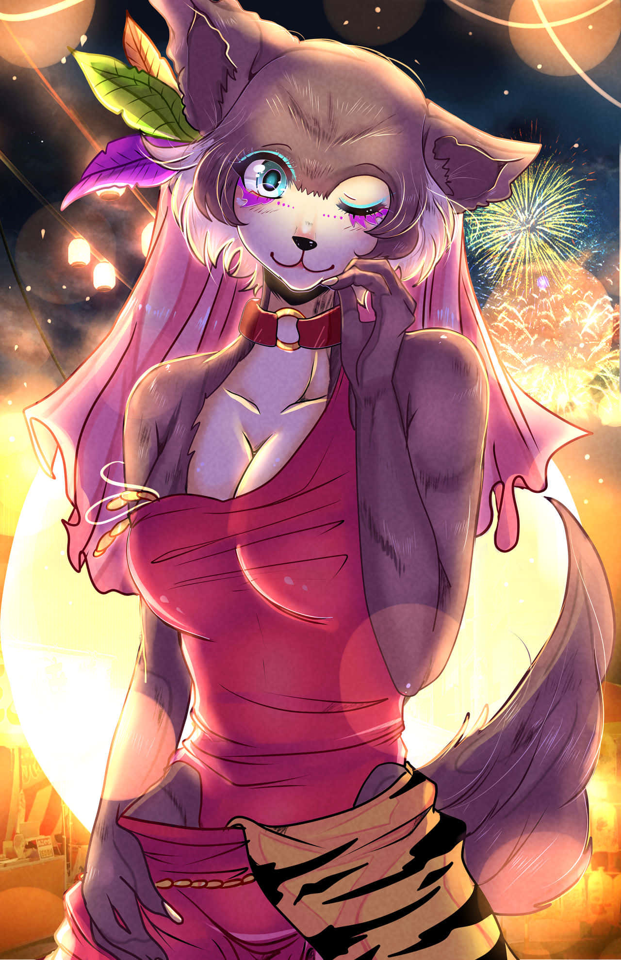 Beastars Juno, fireworks festival, purple fox girl, Full HD Phone Wallpaper