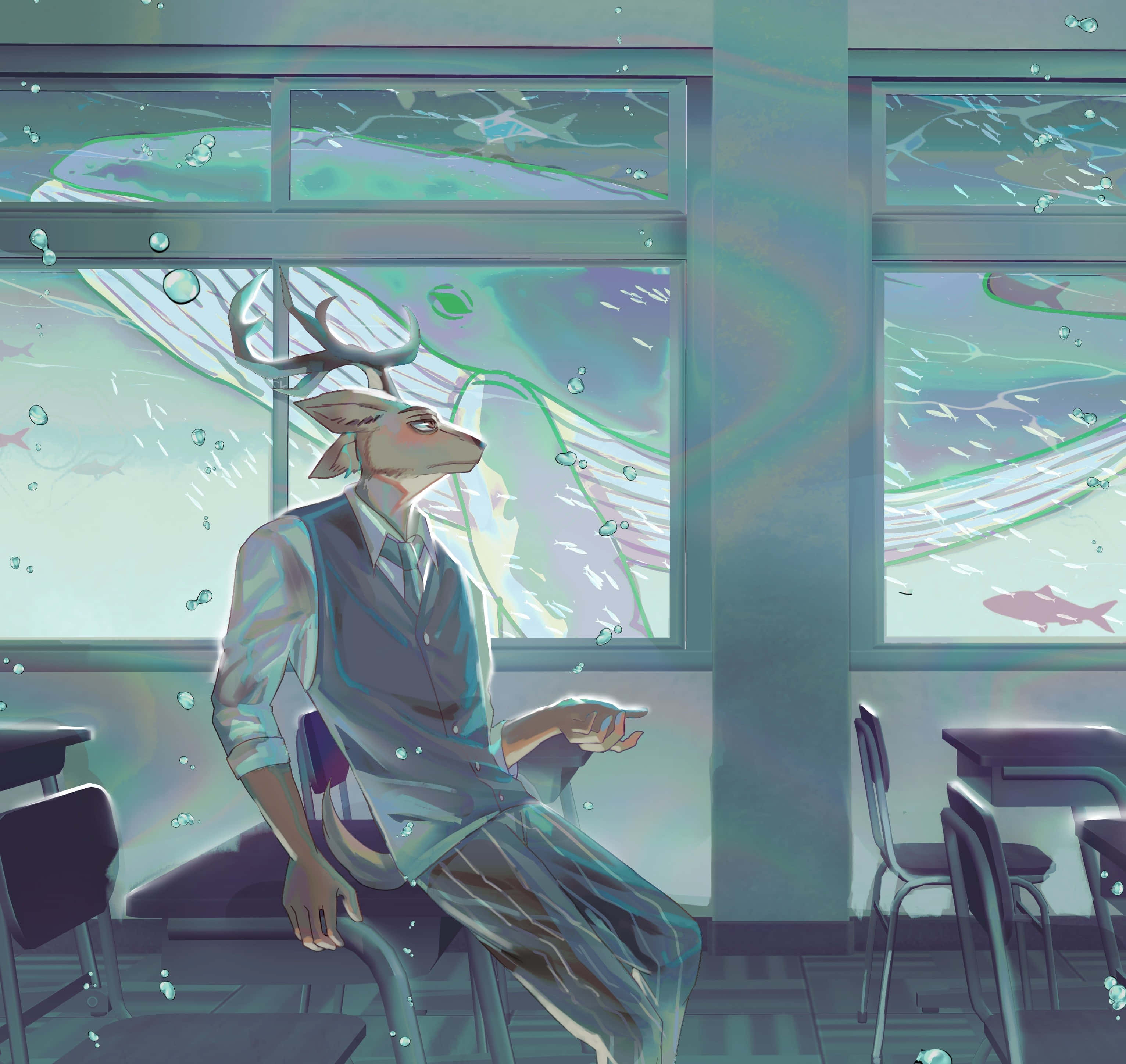 Beastars Louis, deer-headed student, classroom, 2K Desktop Wallpaper