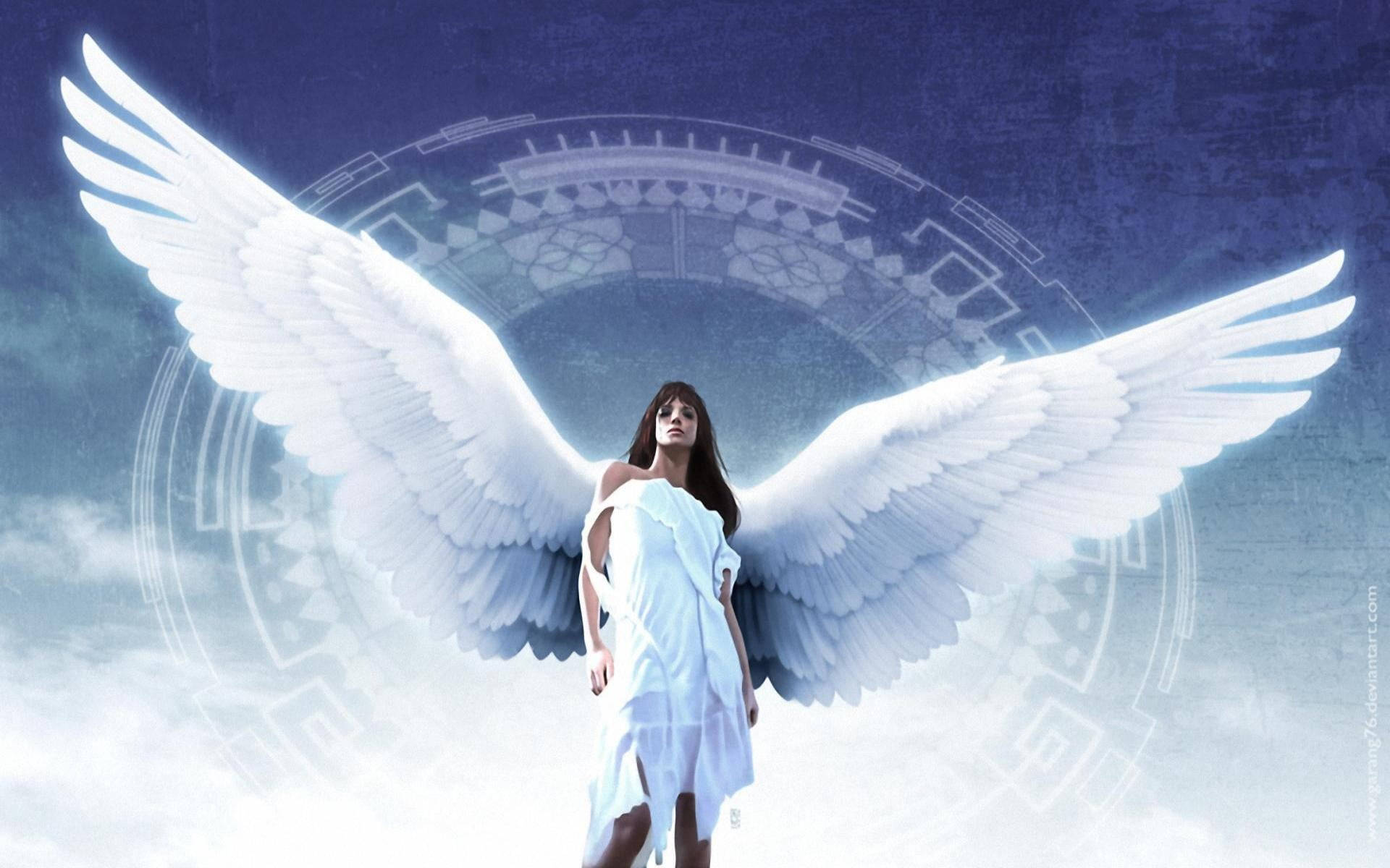 white dress, massive white angel wings, clouds, Full HD Desktop Wallpaper