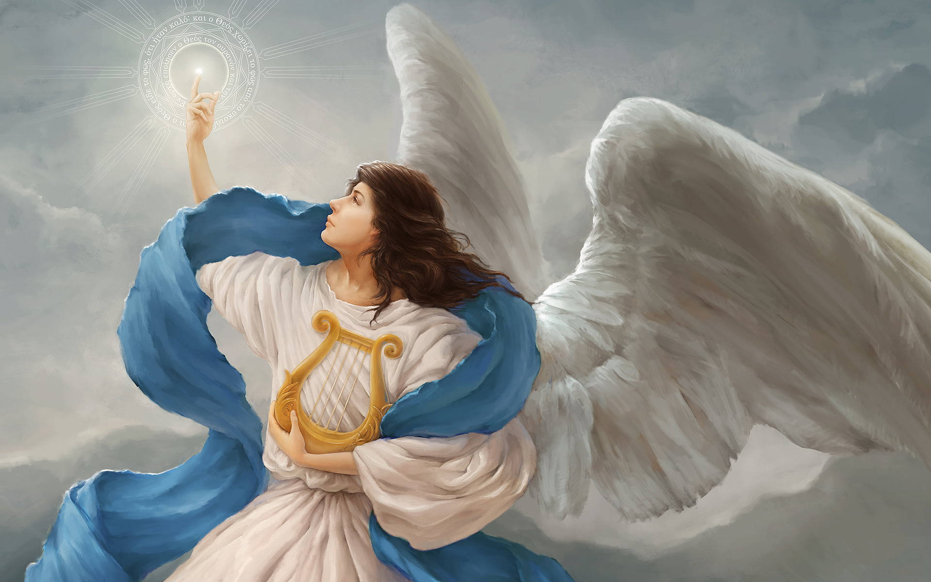 Beautiful Angels, lyre, golden harp, Full HD Desktop Wallpaper