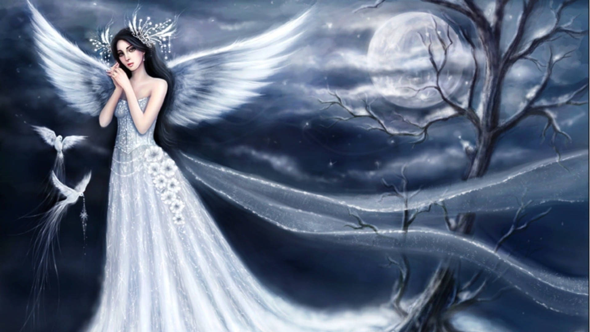 Beautiful Angels, moonlight, winter forest, Full HD Desktop Wallpaper