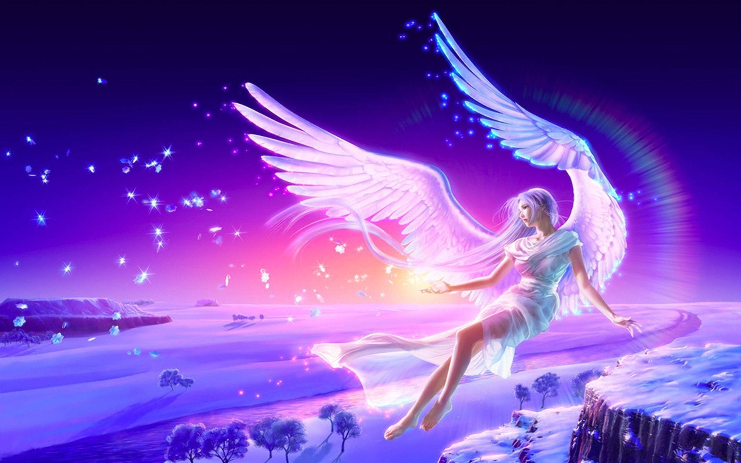 Anime Beautiful Angels, glowing wings, snowy cliffside, 2K Desktop Wallpaper