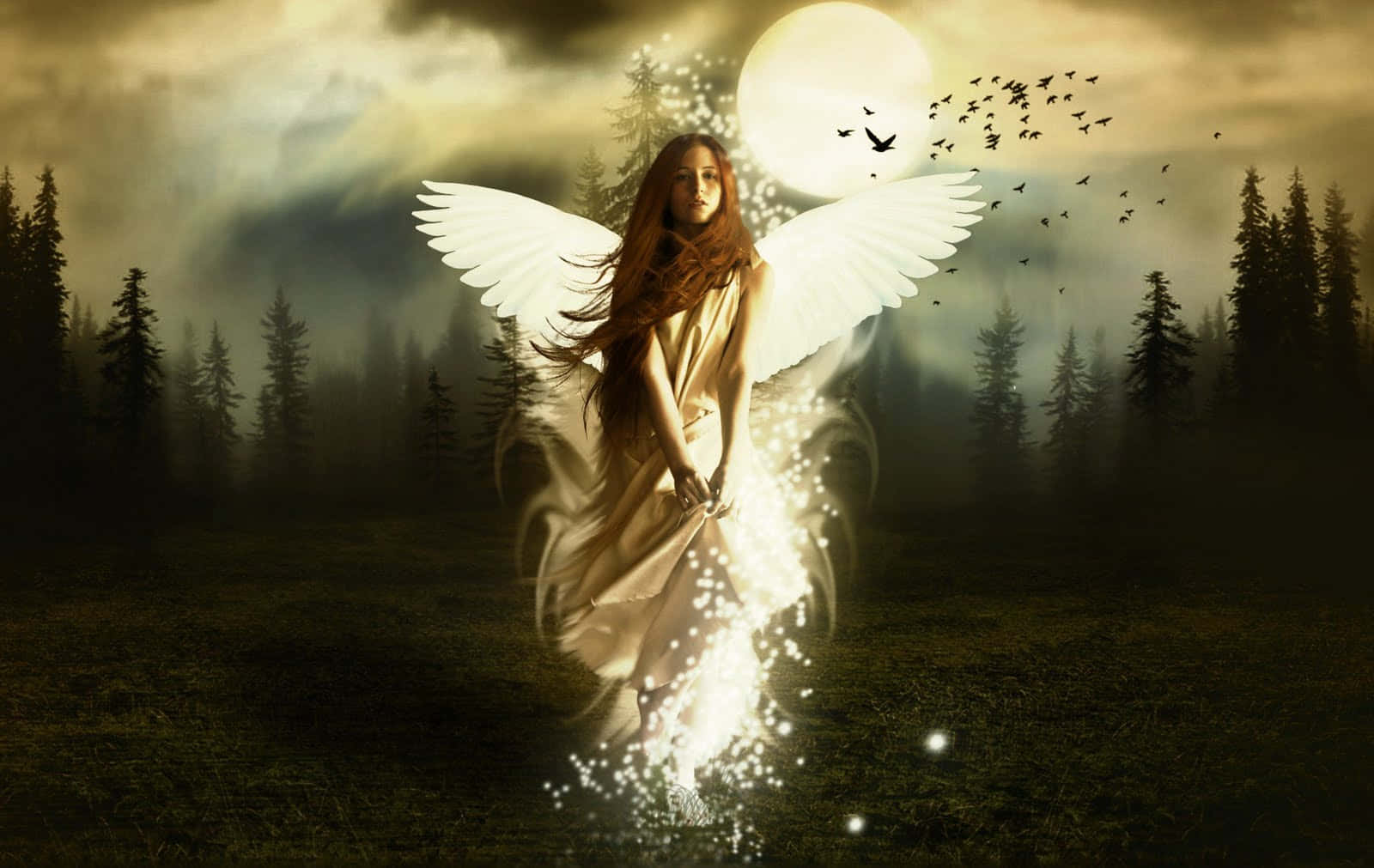 cute angel, misty forest, full moon, HD Desktop Wallpaper