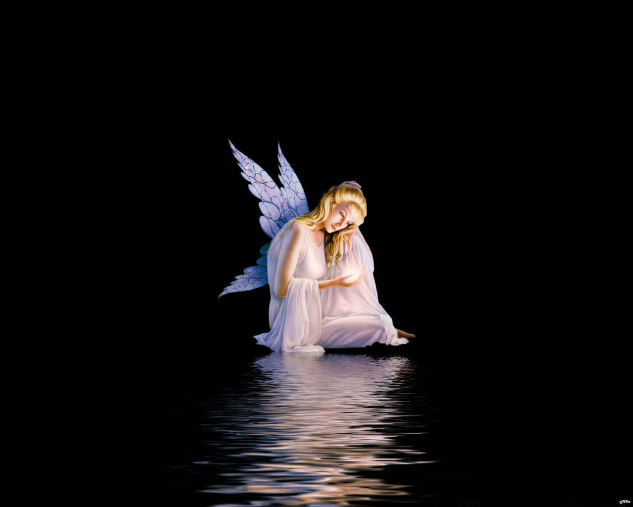 cute angel, blue wings, glowing orb, HD Desktop Wallpaper