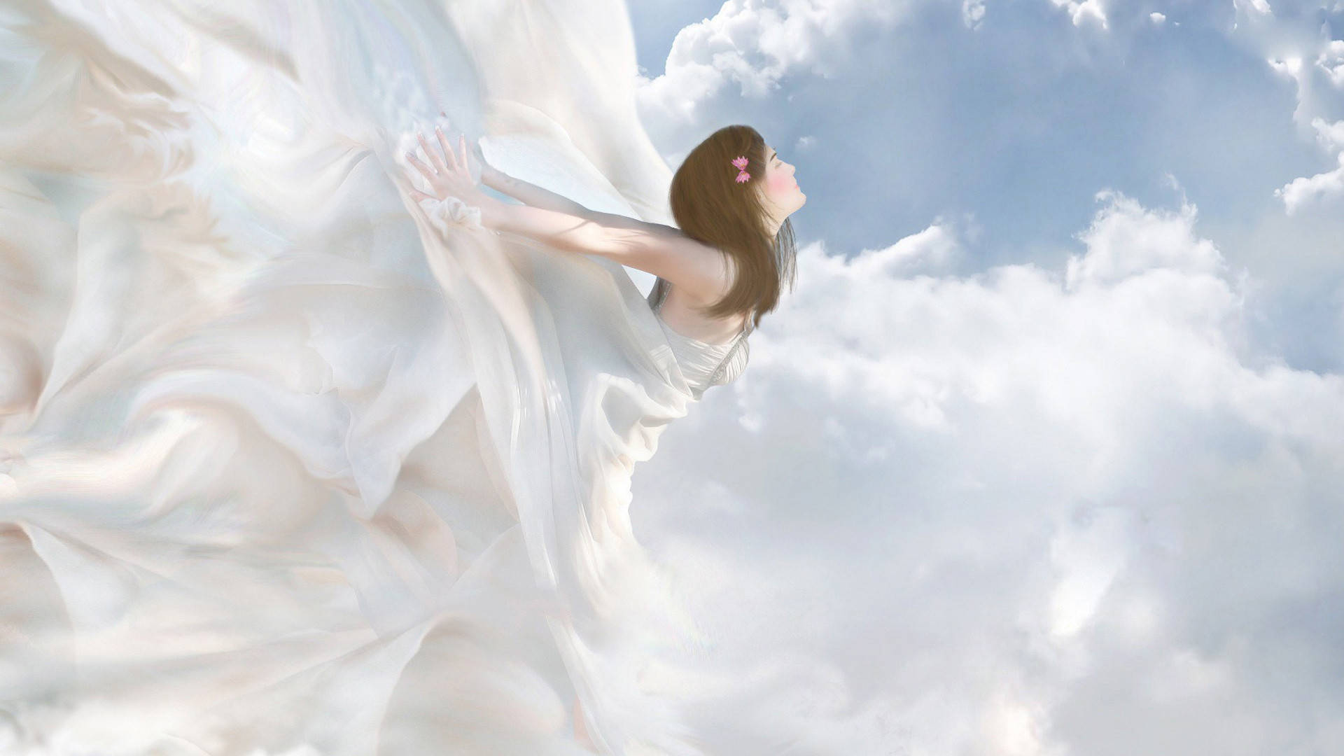 Beautiful Angels, white gown, fluffy clouds, Full HD Desktop Wallpaper