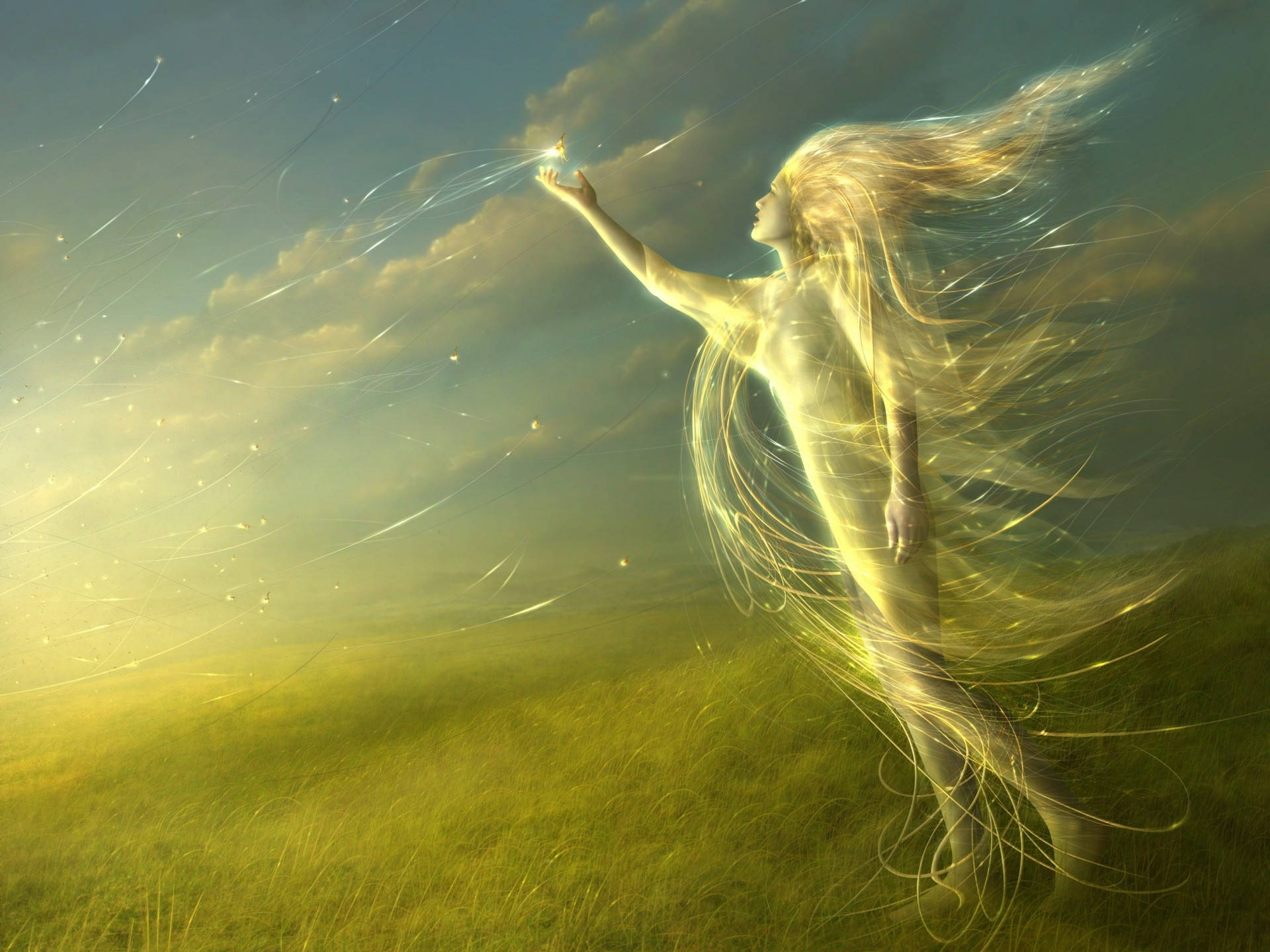 Fantasy Angel, luminous ethereal woman, flowing golden hair, Full HD Desktop Wallpaper