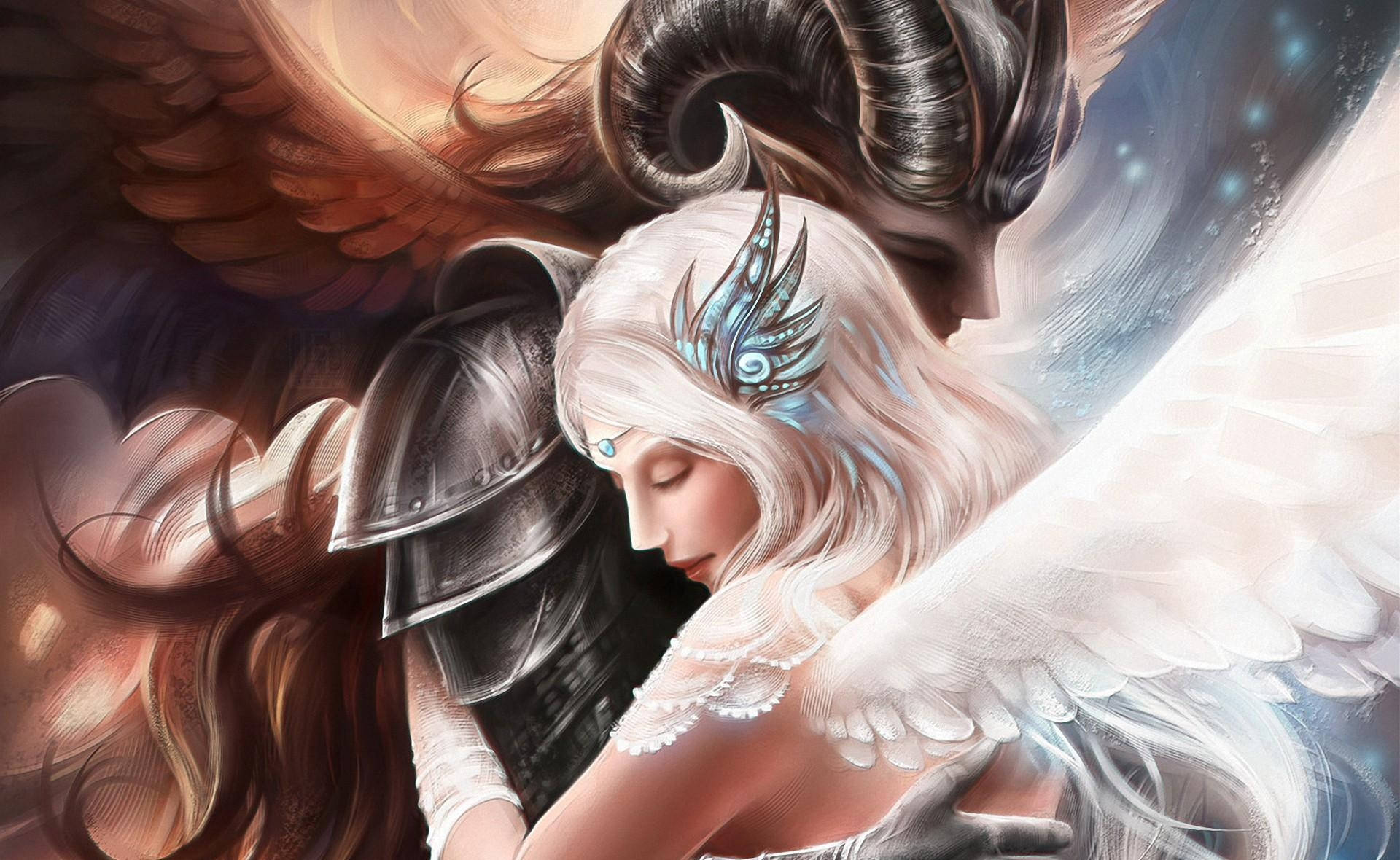 angel couple, white wings, blue feathered hair, Full HD Desktop Wallpaper