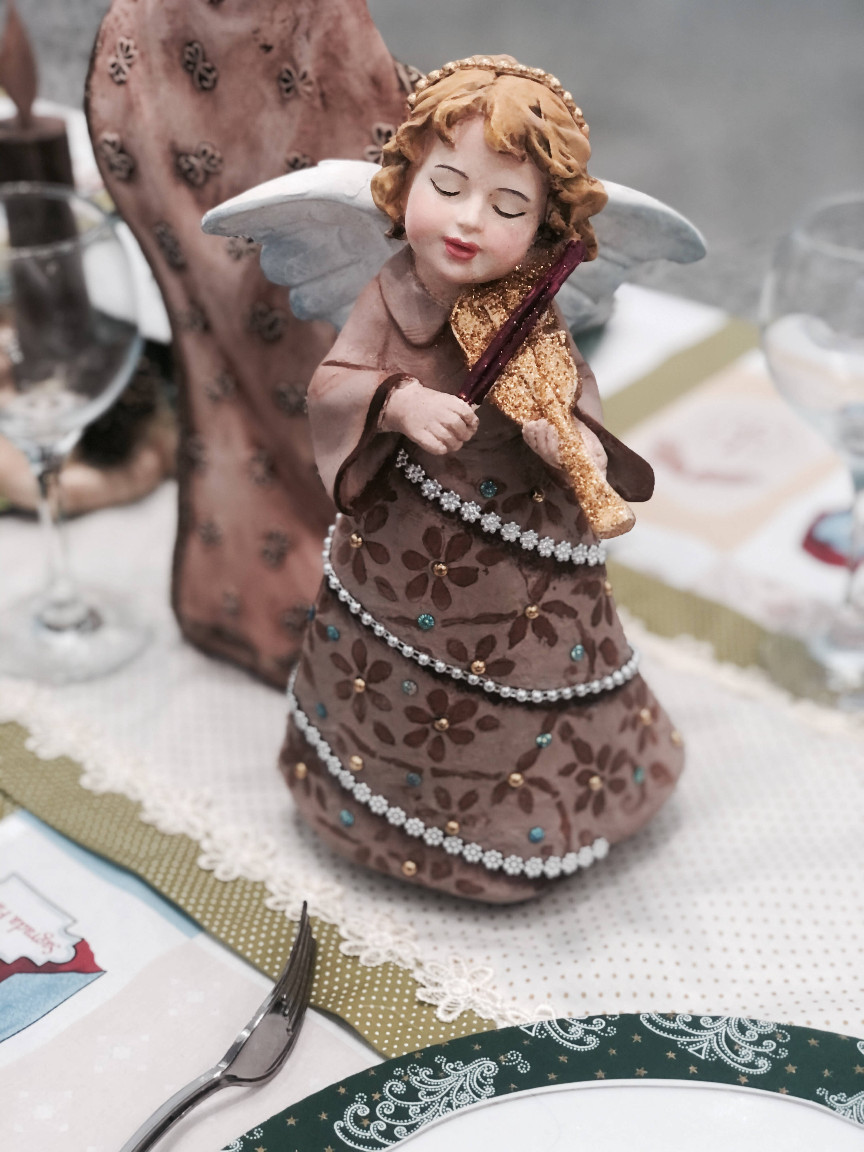 angel figurine, brown floral dress, golden flute, 4K Phone Wallpaper